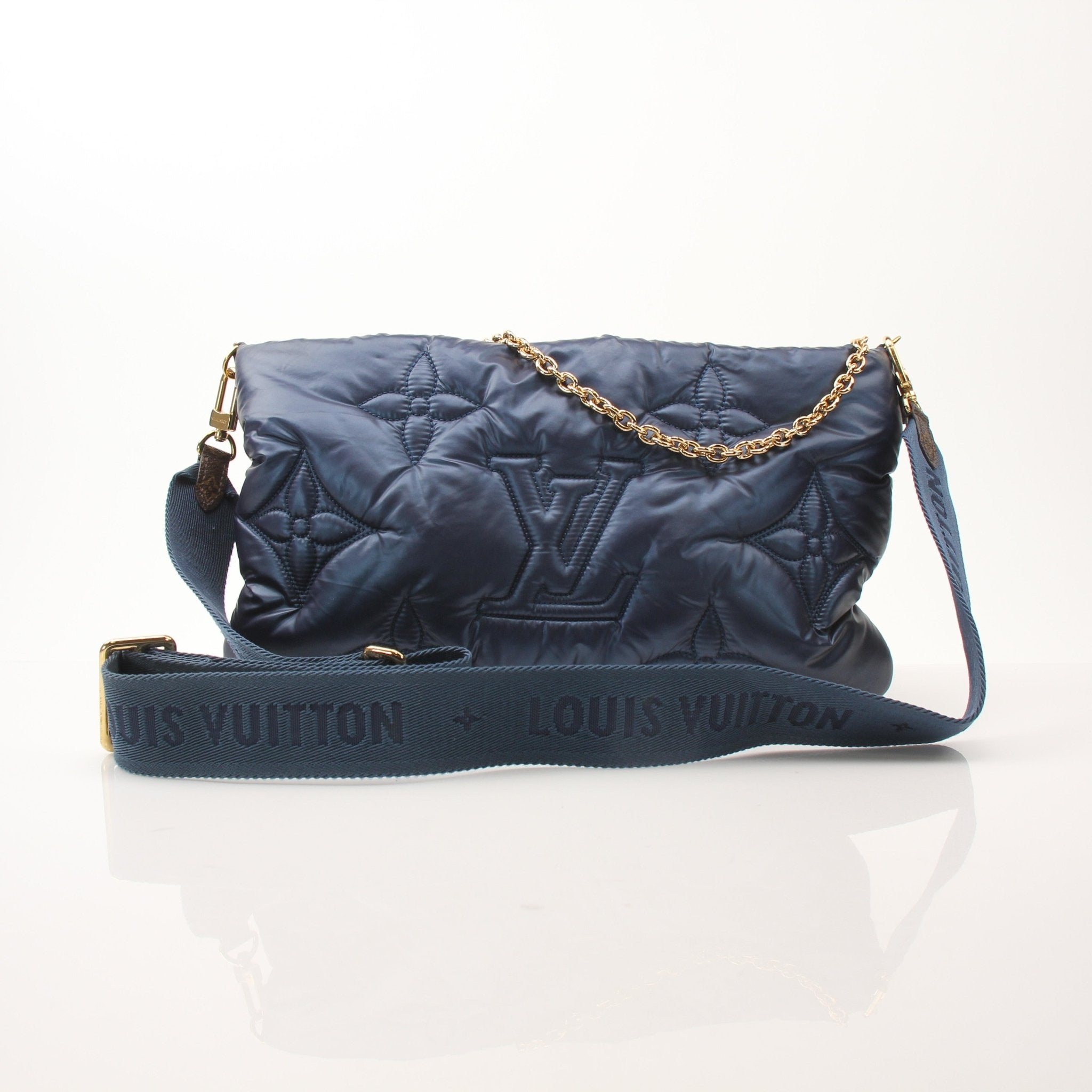 Louis Vuitton Multi-Pochette Accessoires Maxi Pillow Shoulder Bag, gold and black handbag with quilted design and adjustable strap.