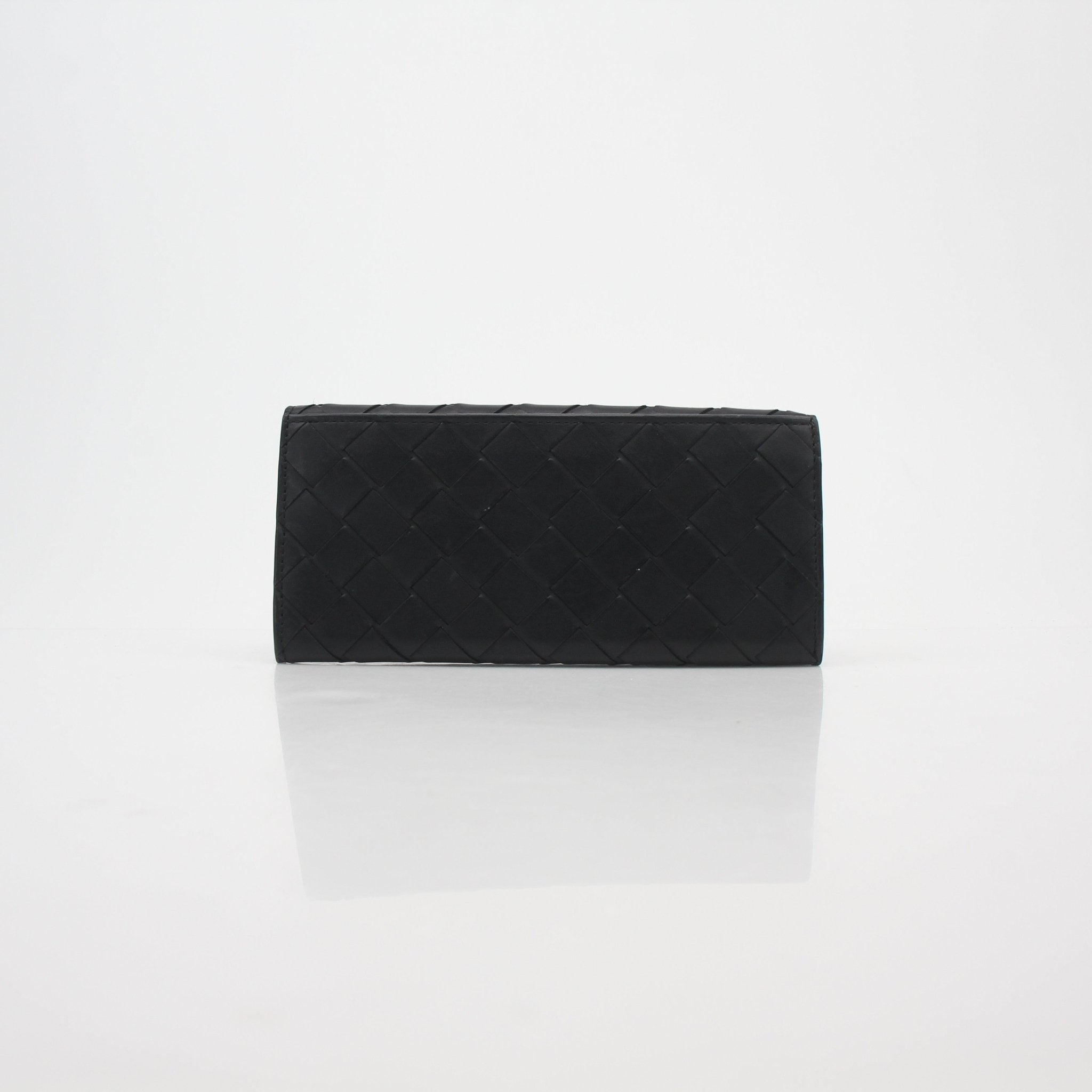Black Bottega Veneta Intrecciato leather continental wallet with gold accents, shown on a neutral background.