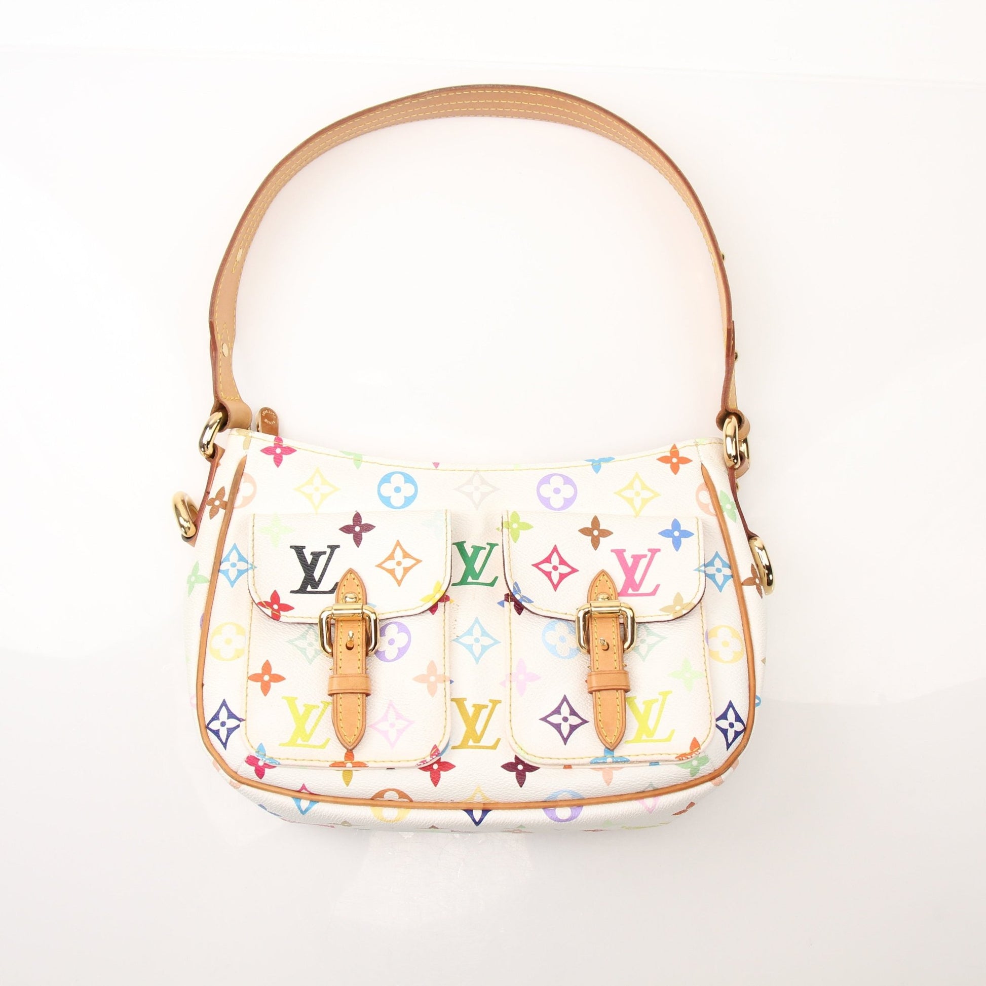 Louis Vuitton Lodge PM white shoulder handbag with gold accents, featuring a sleek design and adjustable strap.