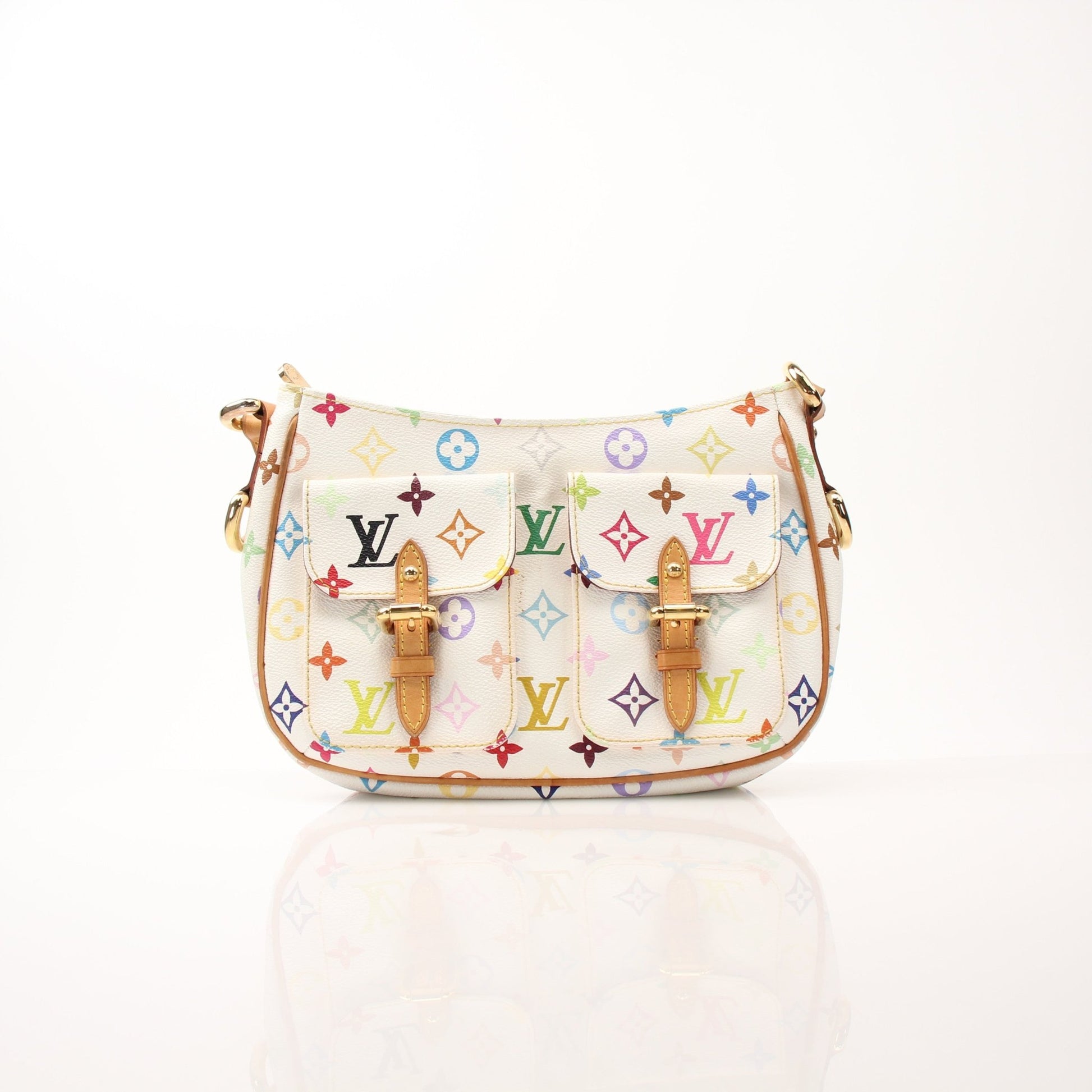 Louis Vuitton Lodge PM white shoulder handbag with gold hardware and adjustable strap, featuring a sleek, structured design.