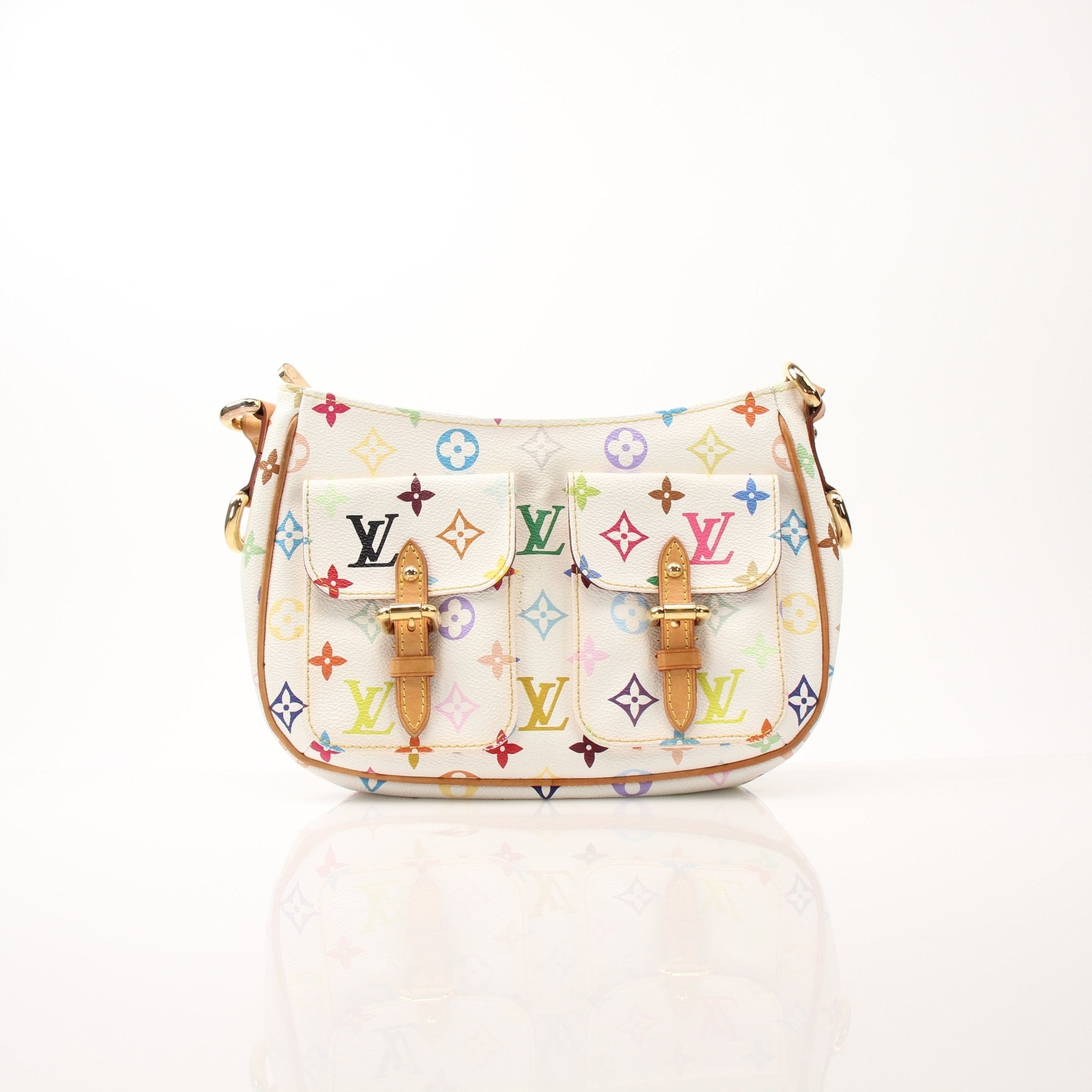Louis Vuitton Lodge PM white shoulder handbag with gold hardware and adjustable strap, featuring a sleek, structured design.