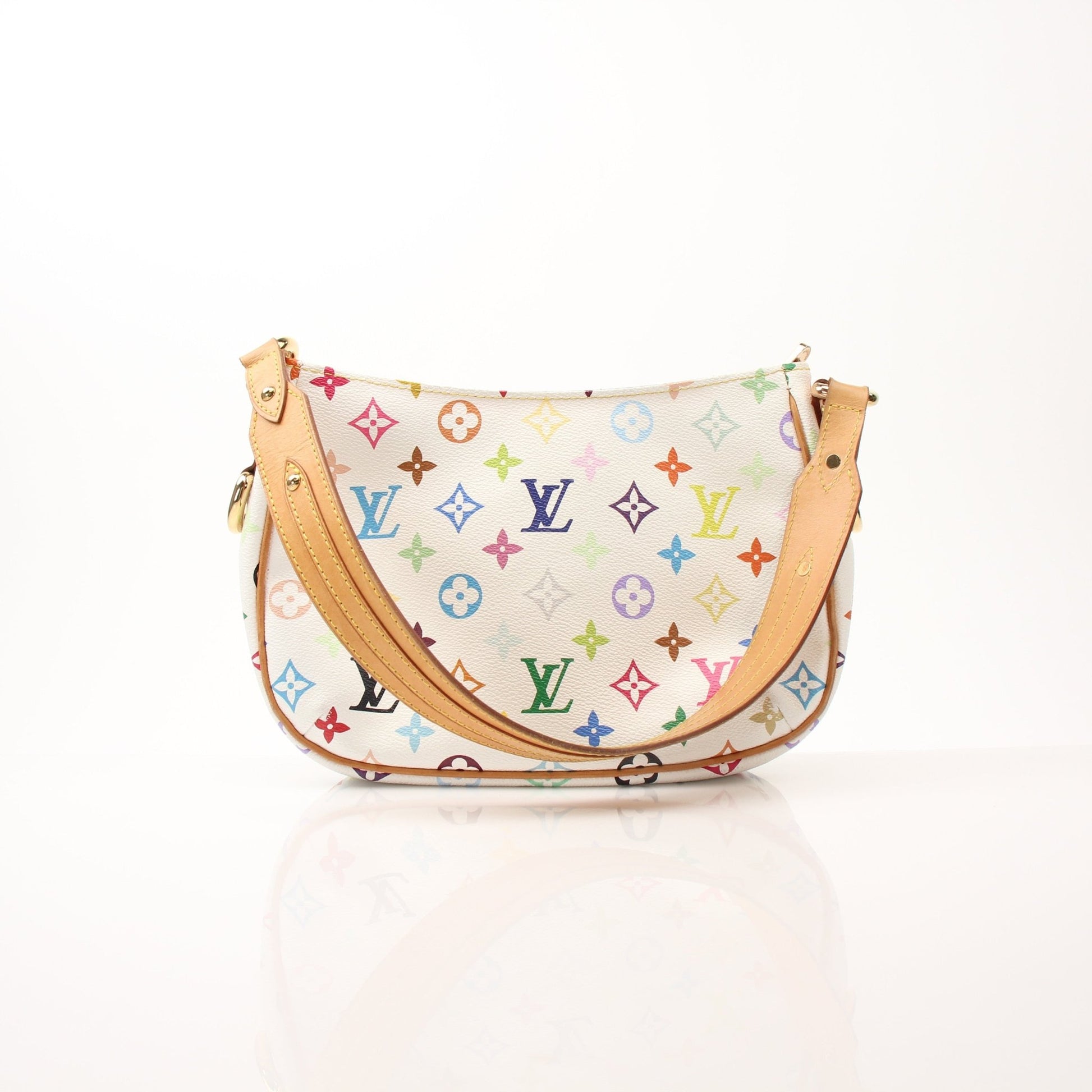 Louis Vuitton Lodge PM white shoulder handbag with gold hardware and adjustable strap, stylish and compact for everyday use.