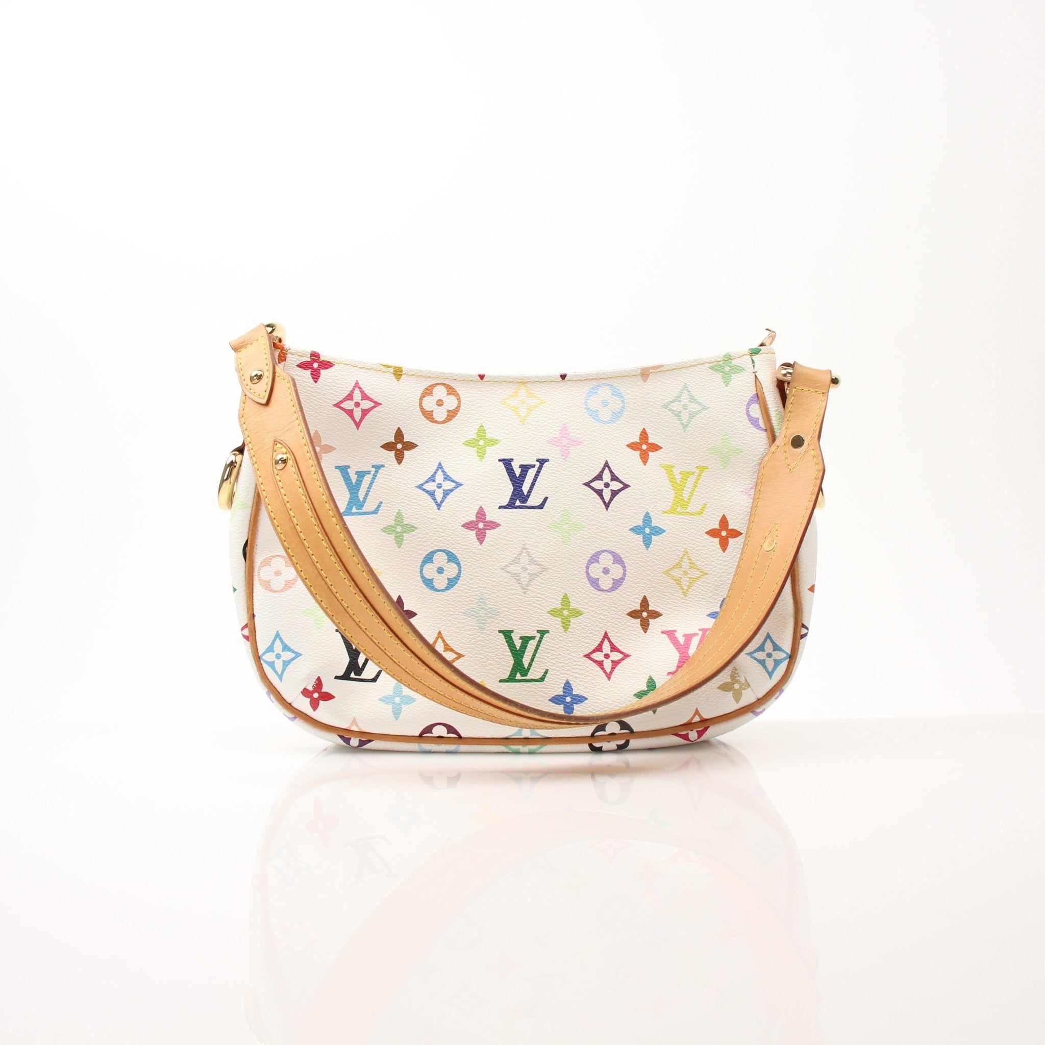 Louis Vuitton Lodge PM white shoulder handbag with gold hardware and adjustable strap, stylish and compact for everyday use.