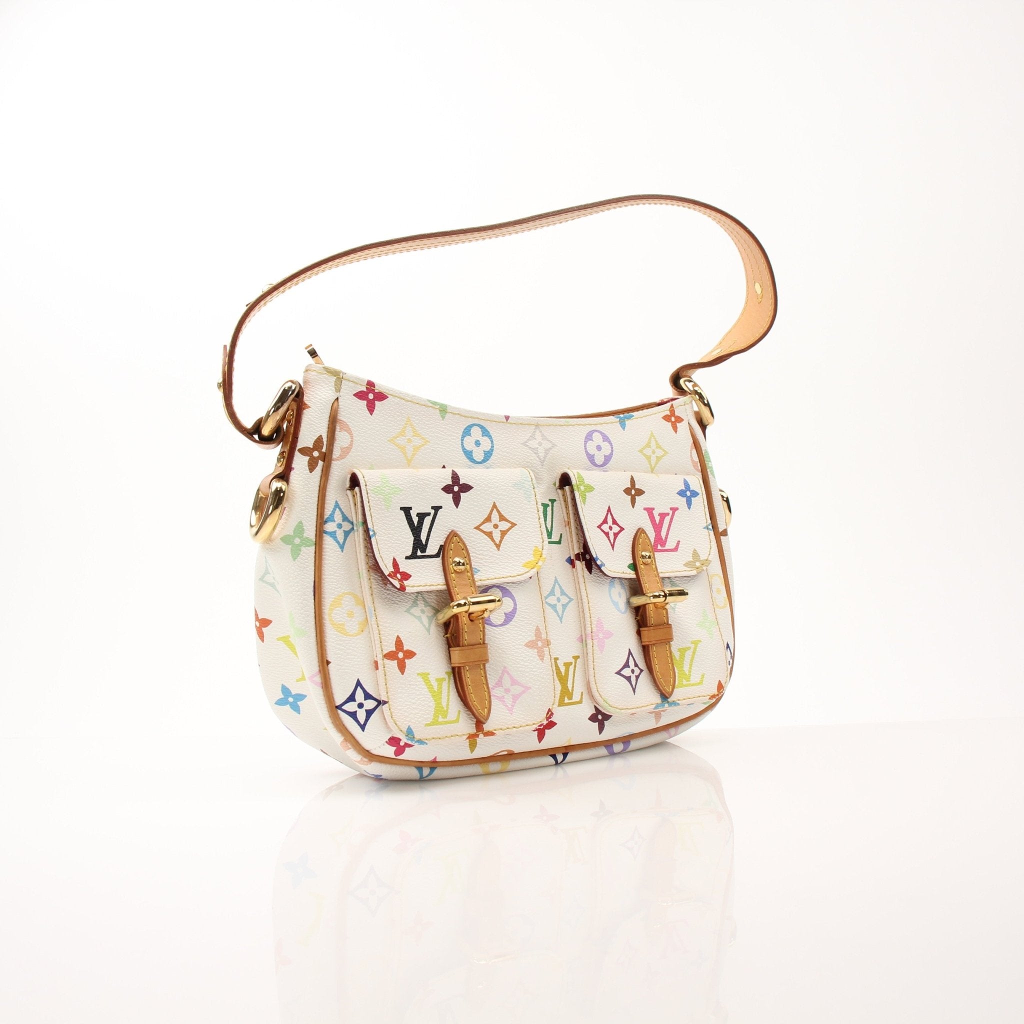 Louis Vuitton Lodge PM white shoulder handbag with gold chain strap and leather details, stylish and elegant accessory.
