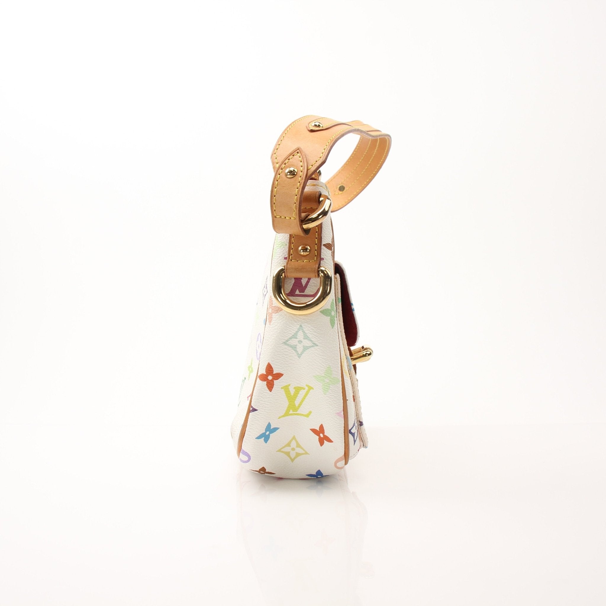 Louis Vuitton Lodge PM white shoulder handbag with gold hardware and adjustable strap, stylish and elegant accessory.