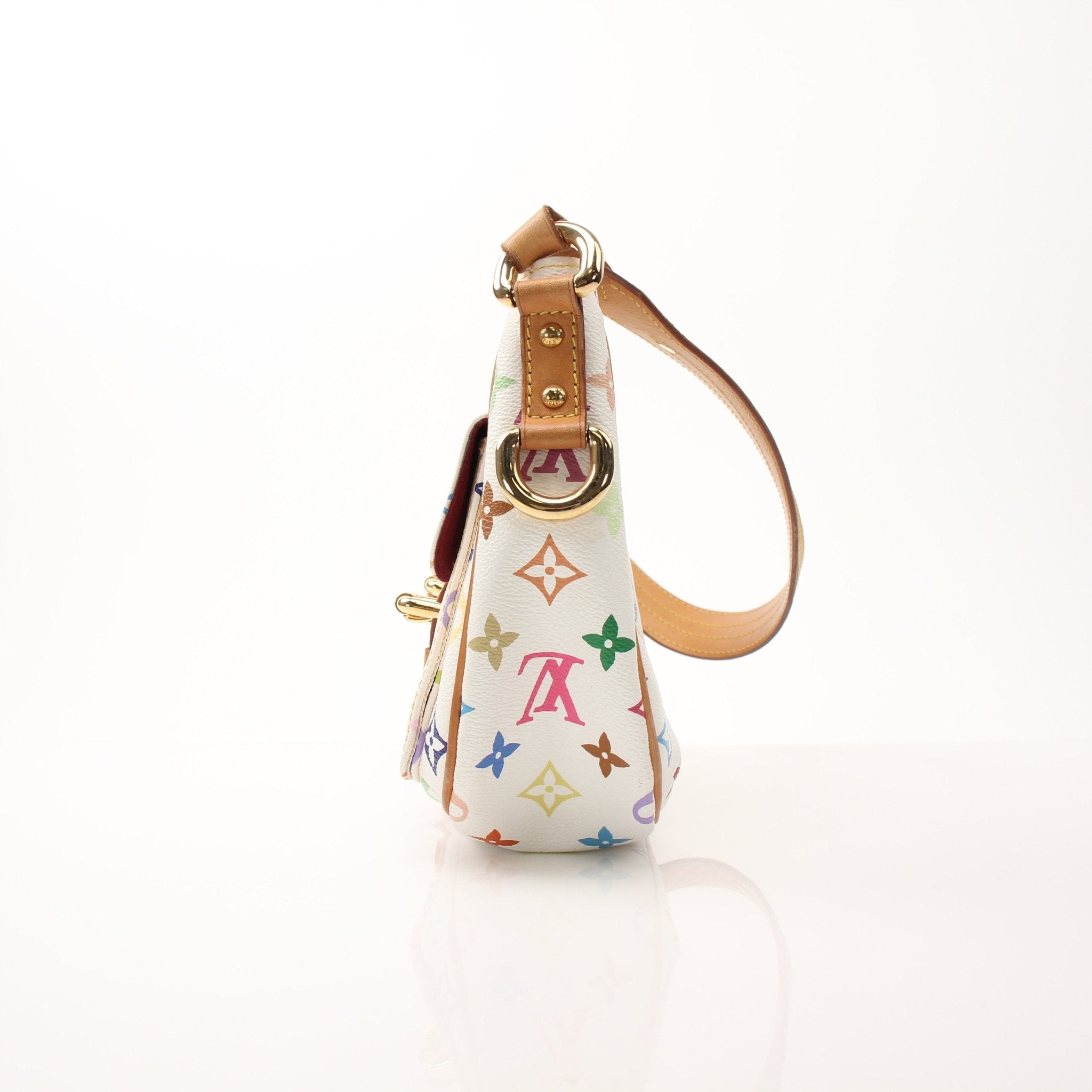 Louis Vuitton Lodge PM white shoulder handbag with gold accents, featuring a sleek design and adjustable strap.