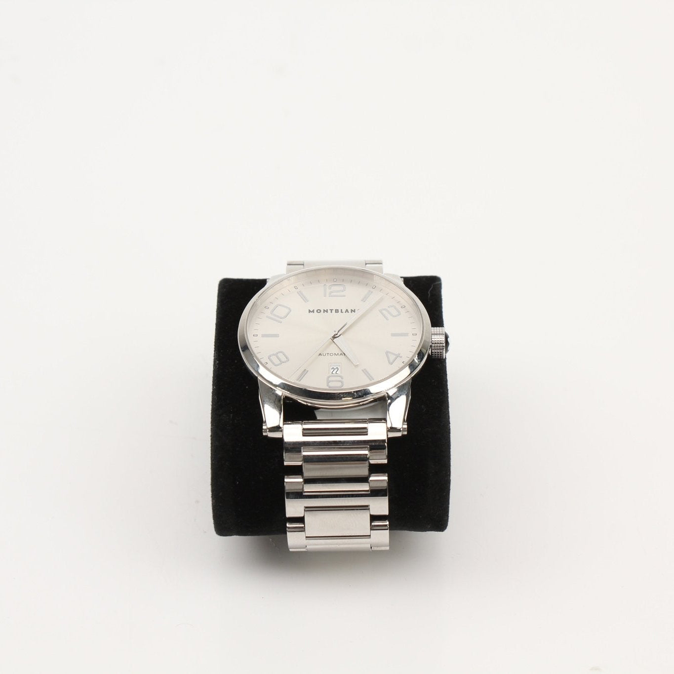 Montblanc TimeWalker 7070 watch with stainless steel case and black leather strap, detailed dial, and chronograph features.