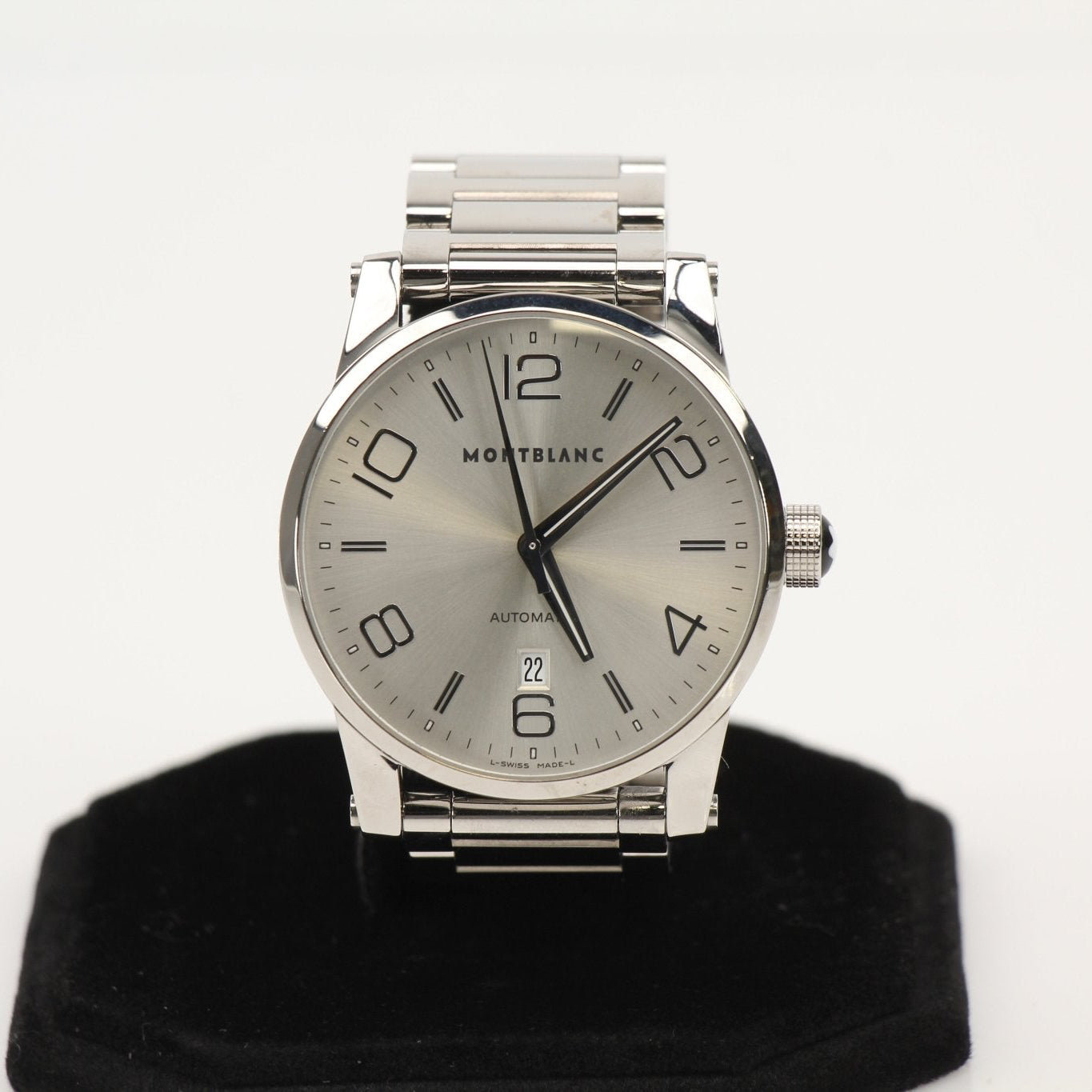 Montblanc TimeWalker 7070 luxury watch with stainless steel case and black dial, displayed on a leather strap.