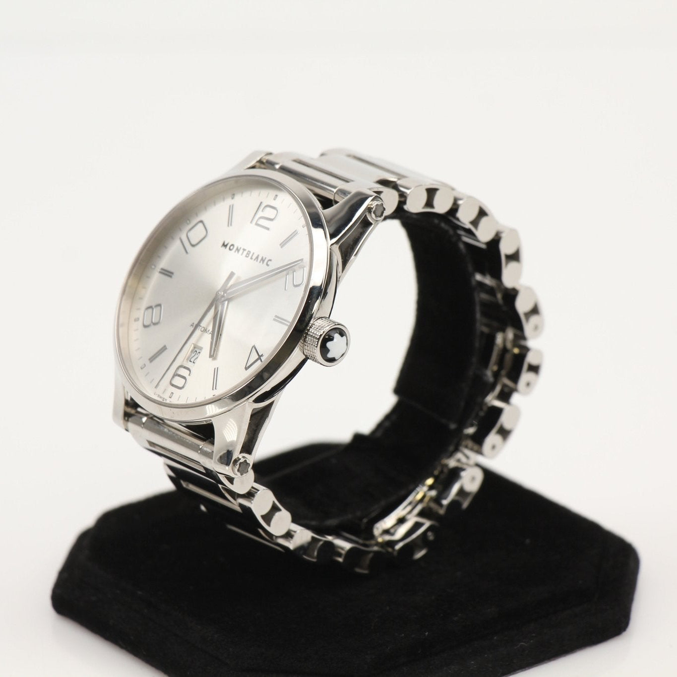 Montblanc TimeWalker 7070 watch with black dial and metal bracelet, displayed on a white background.