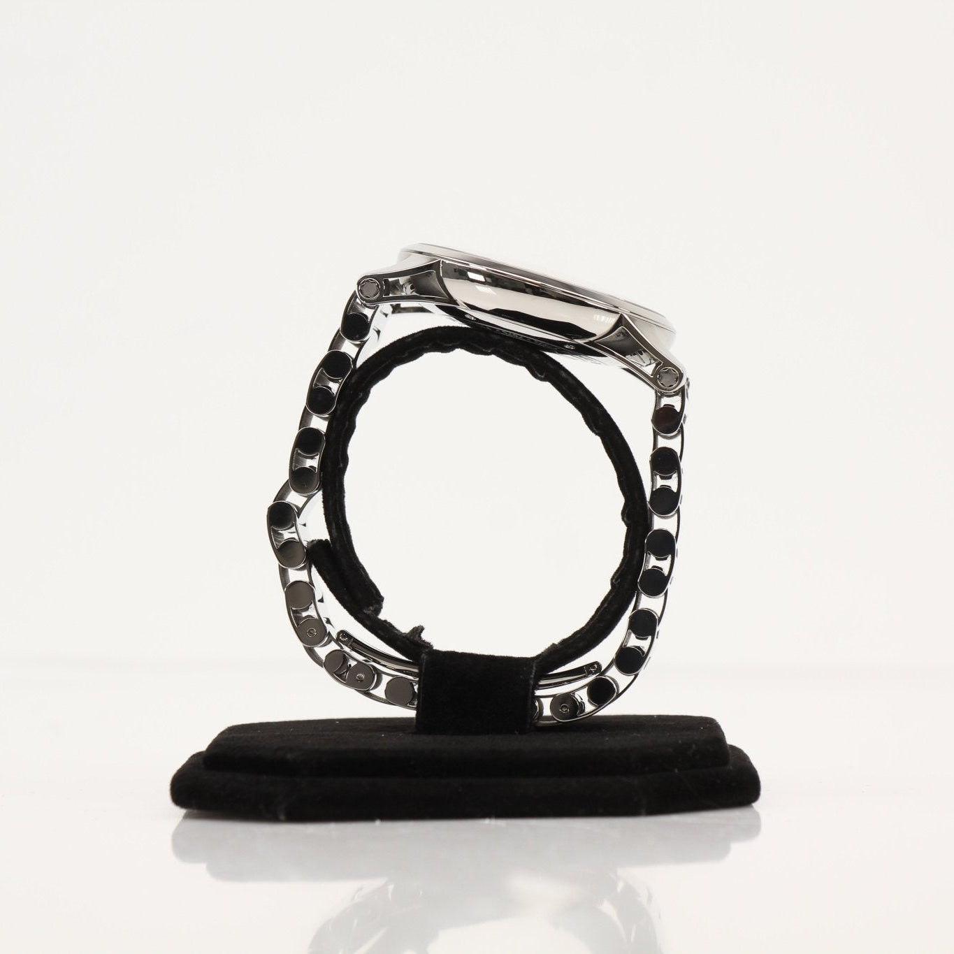 Montblanc TimeWalker 7070 watch with black dial, stainless steel case, and leather strap, displayed on a watch stand.