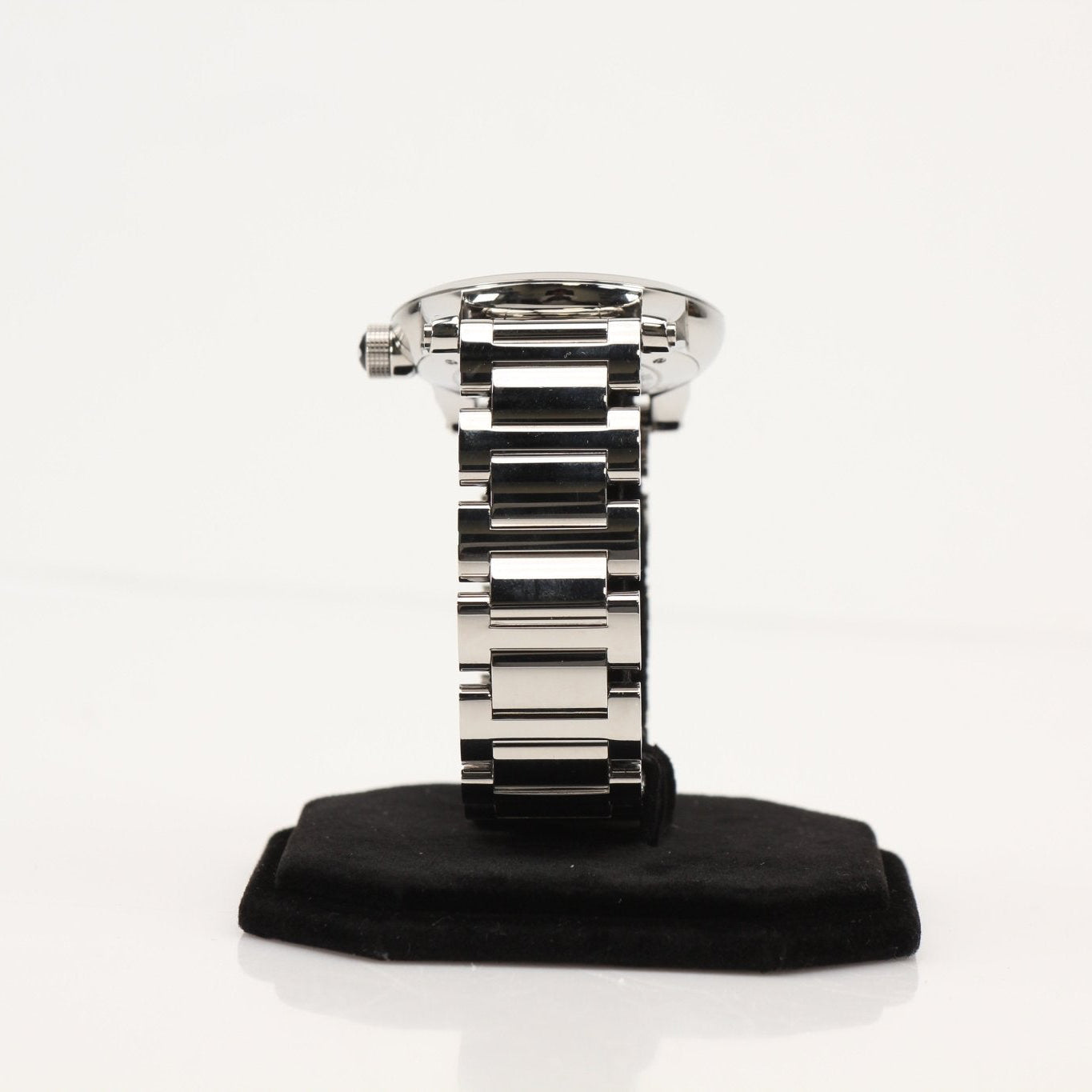 Montblanc TimeWalker 7070 luxury watch with black dial, stainless steel case, and leather strap, displayed on a watch stand.