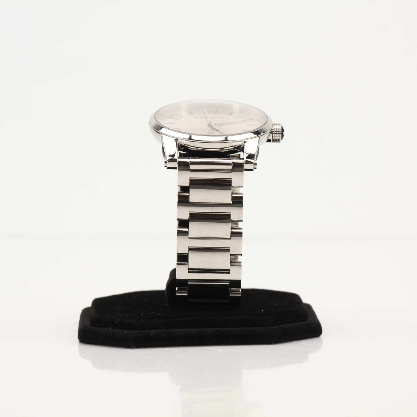 Montblanc TimeWalker 7070 watch with stainless steel case and black leather strap, displaying a classic analog dial.
