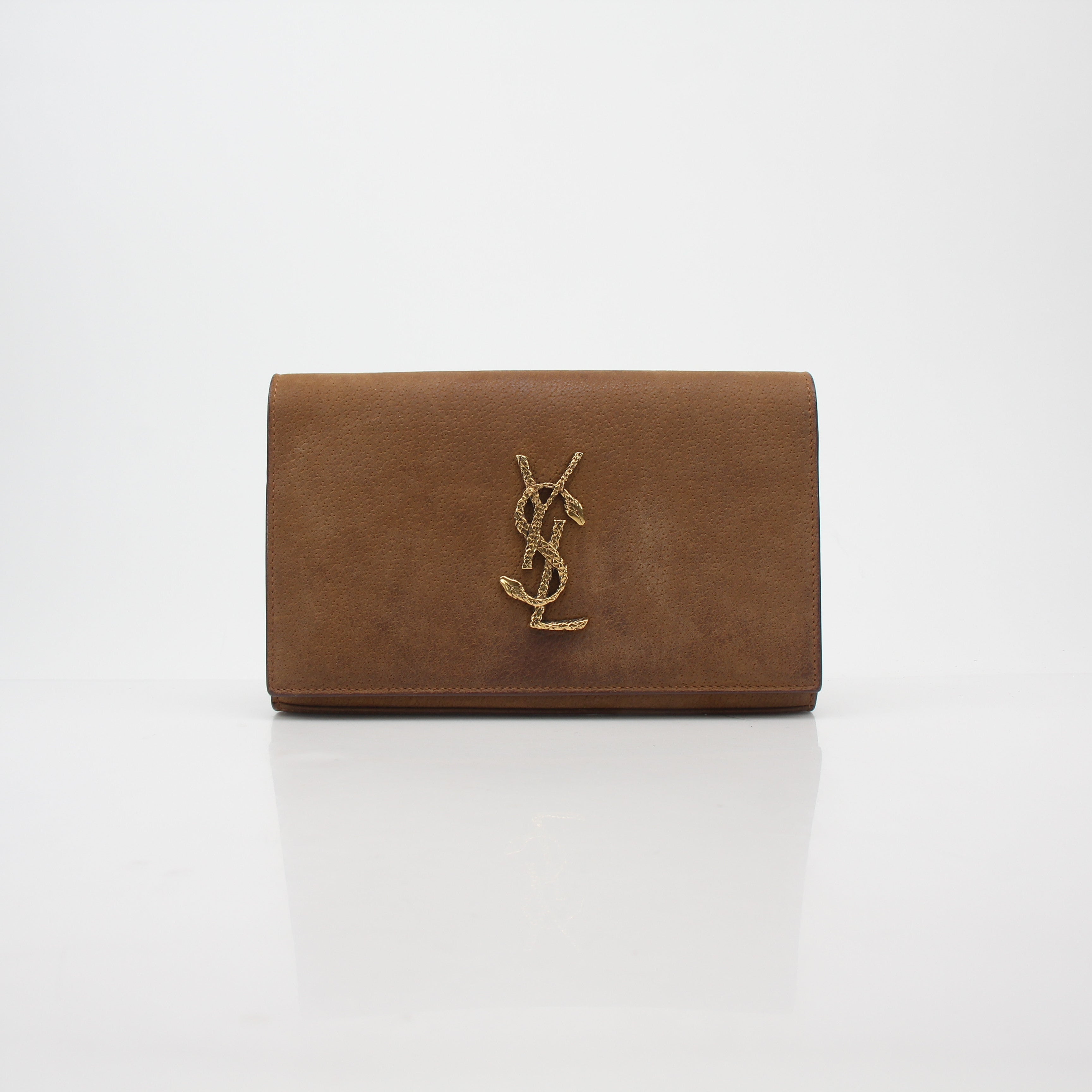 Saint Laurent Brown Suede Cassandre Chain Wallet
