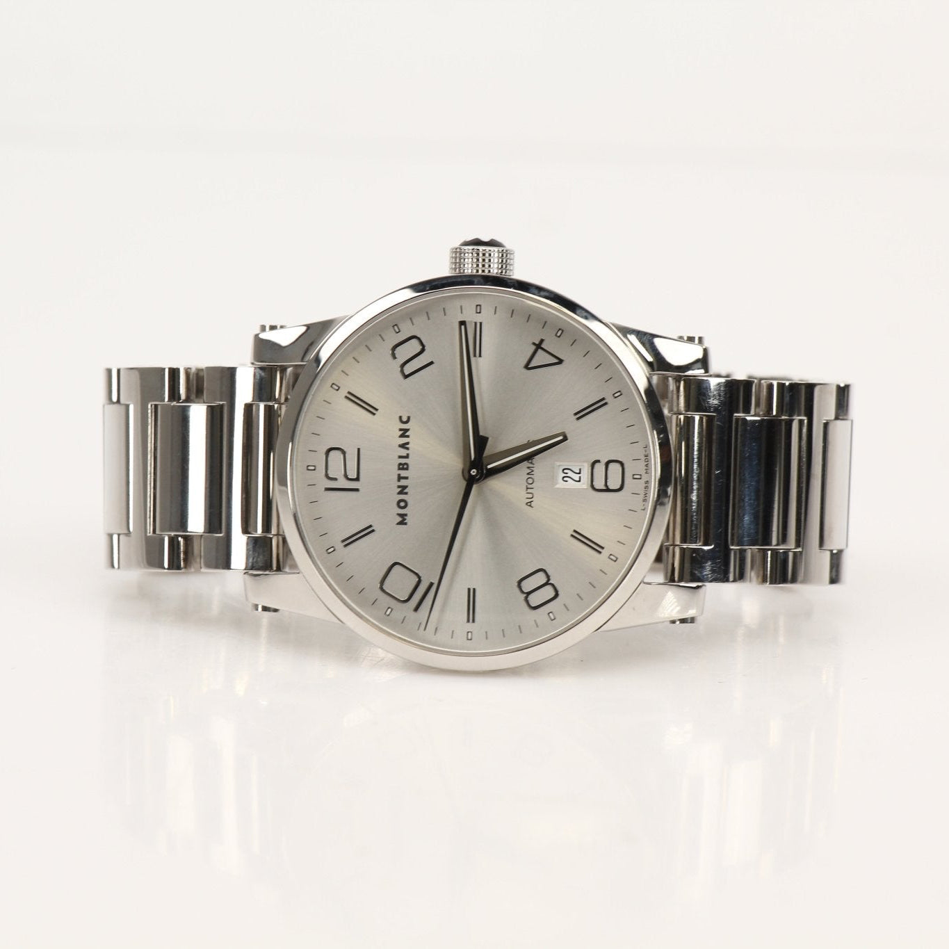 Montblanc TimeWalker 7070 watch with black dial and stainless steel case, displayed on a leather strap.