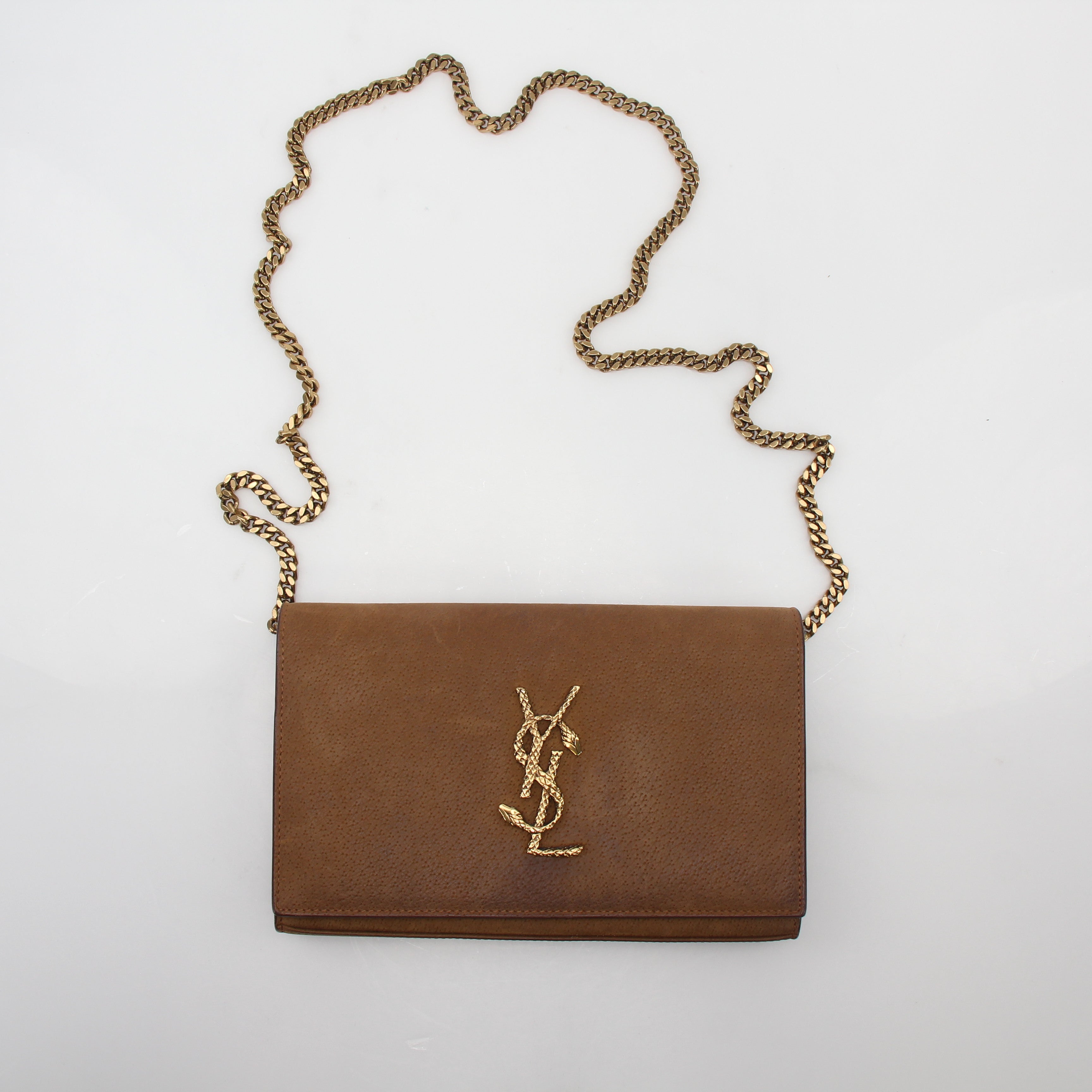 Saint Laurent Brown Suede Cassandre Chain Wallet