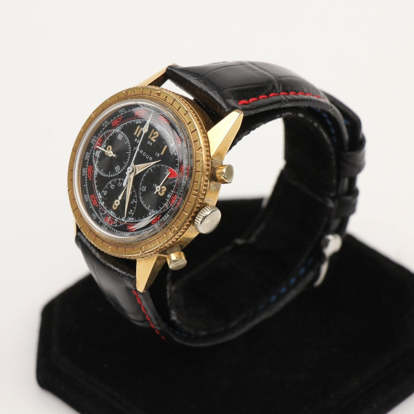 Gold & Beyond Jardur WW2 Chronograph watch with stainless steel case, black dial, and leather strap.