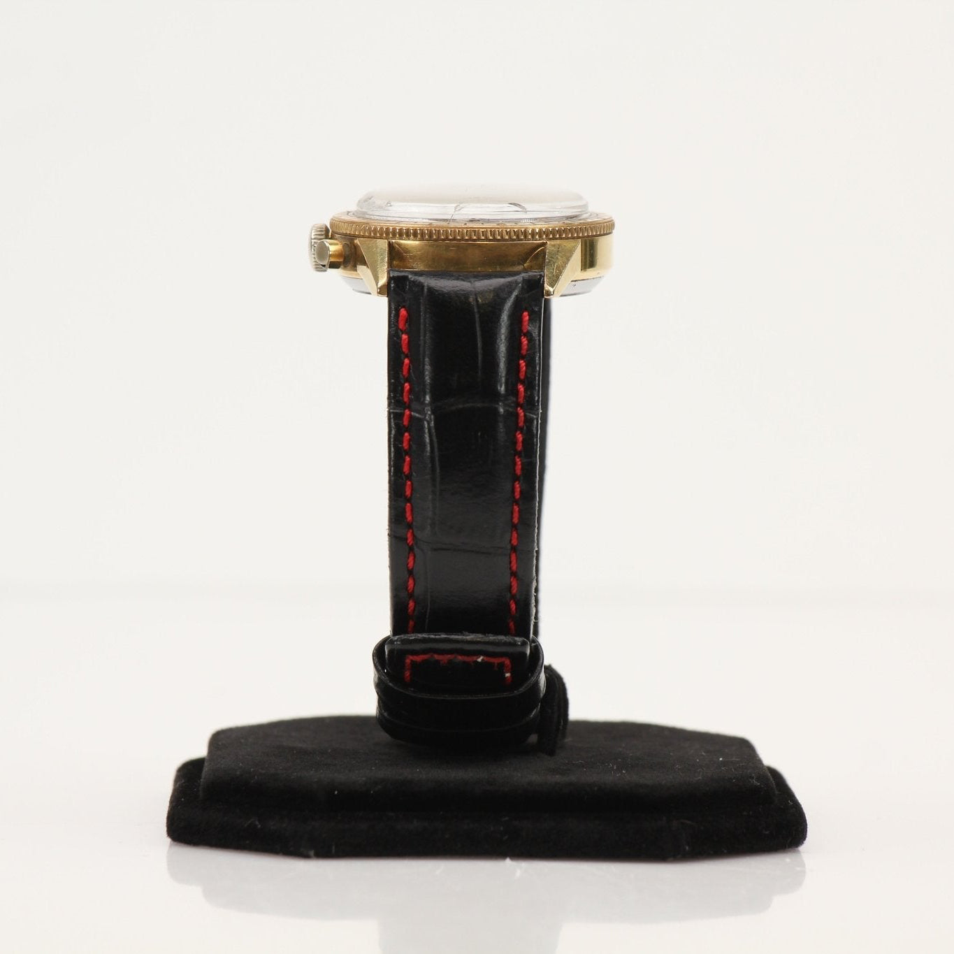 Gold & Beyond Jardur WW2 Chronograph watch with black dial, silver case, and leather strap showing detailed time display.