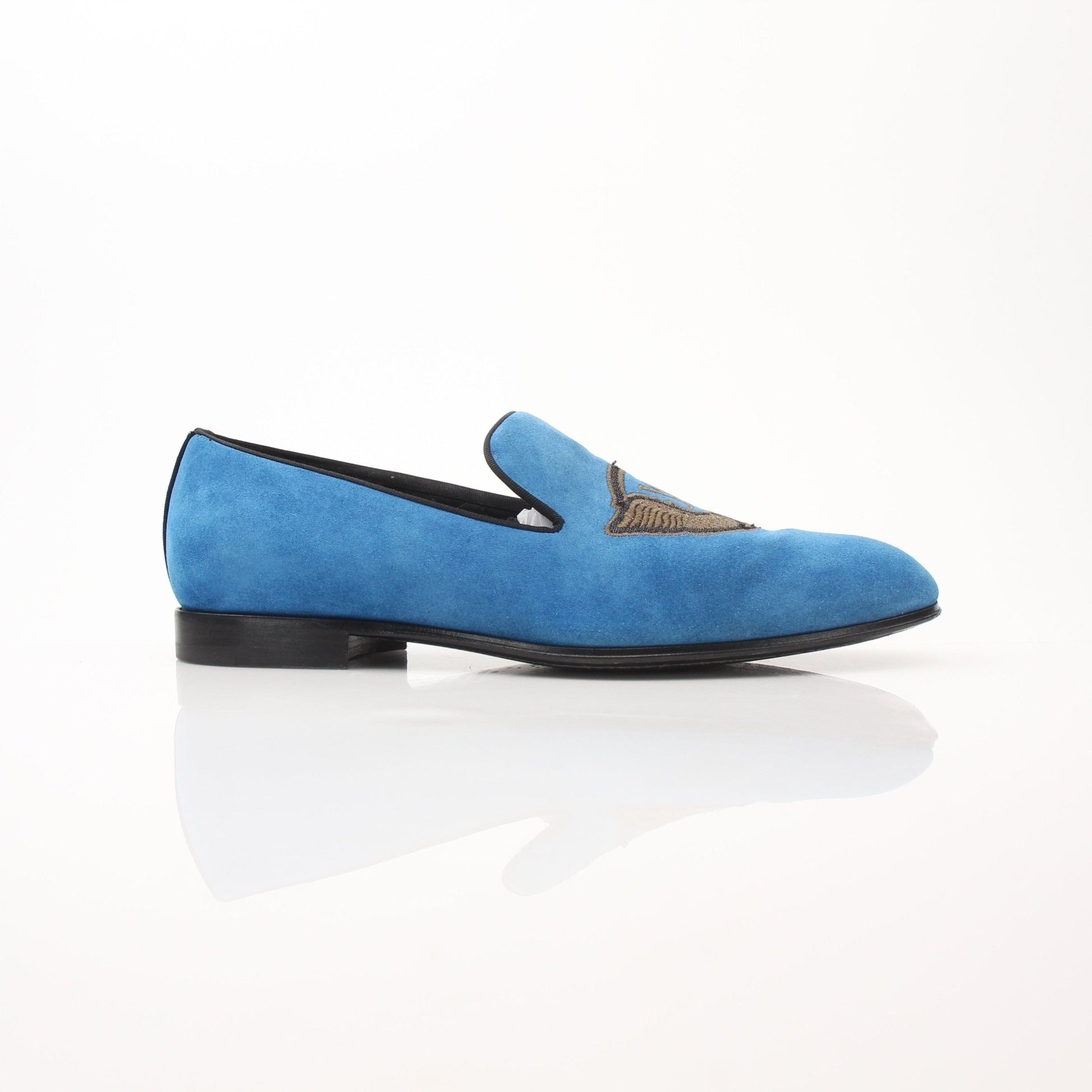 Blue suede Louis Vuitton embroidered slip-on loafers by Gold & Beyond, featuring intricate embroidery and a sleek, comfortable design.