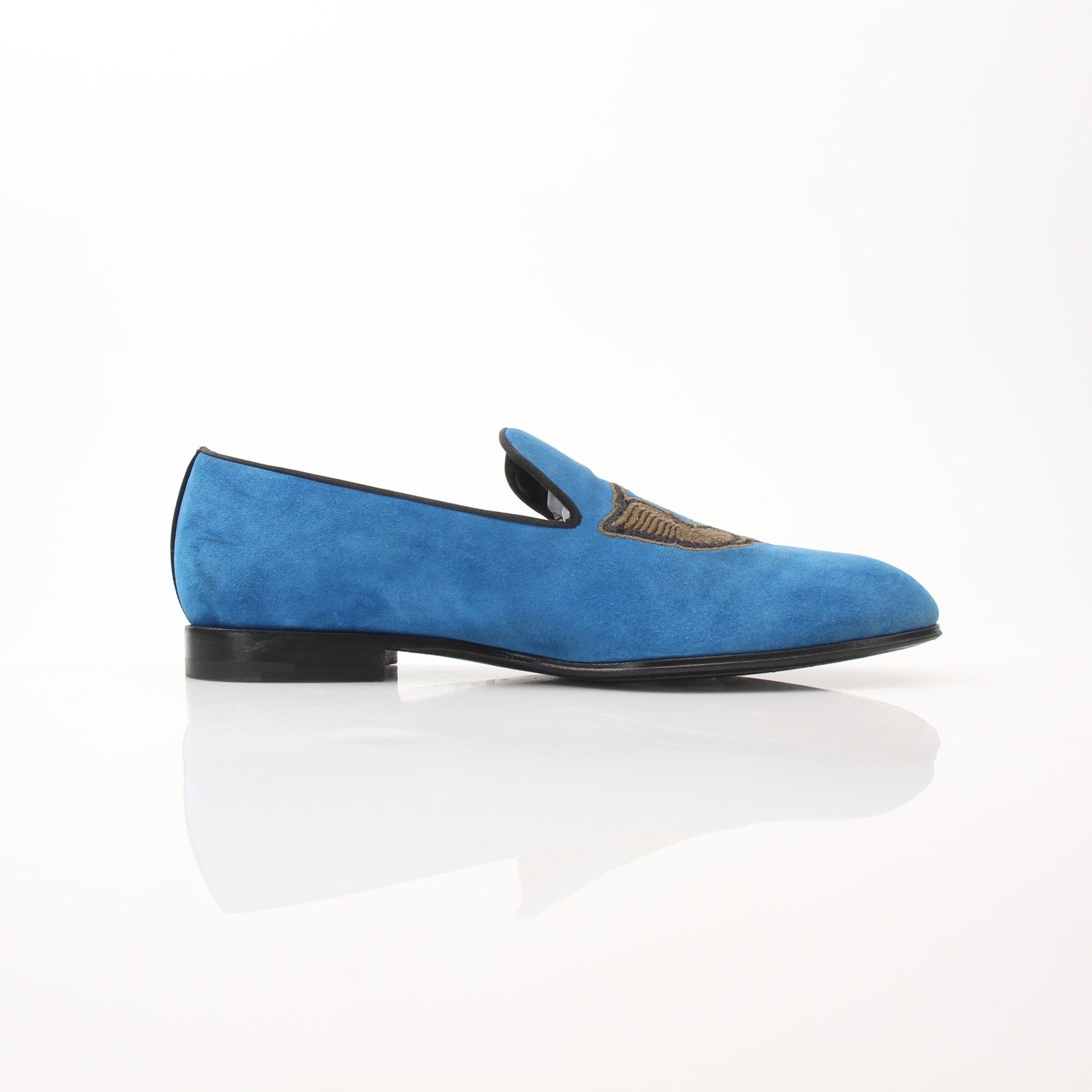 Louis Vuitton blue suede embroidered slip-on loafers, stylish shoes with intricate embroidery and comfortable design.