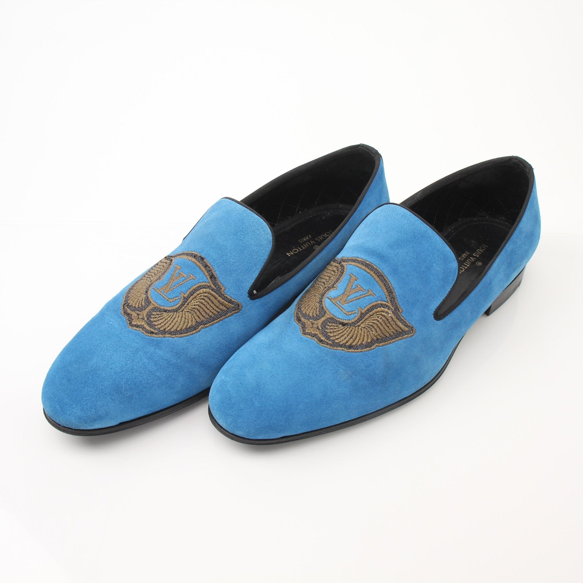 Louis Vuitton blue suede embroidered slip-on loafers with gold accents, stylish shoes for elegant casual wear.