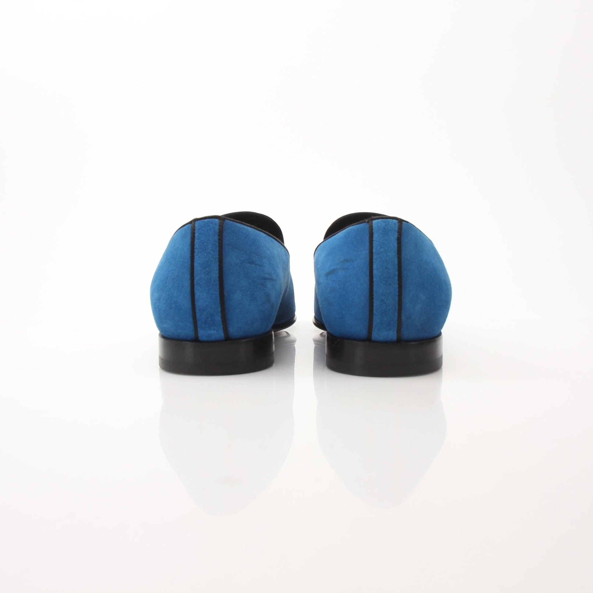 Louis Vuitton blue suede embroidered slip-on loafers, stylish shoes by Gold & Beyond displayed on a white background.