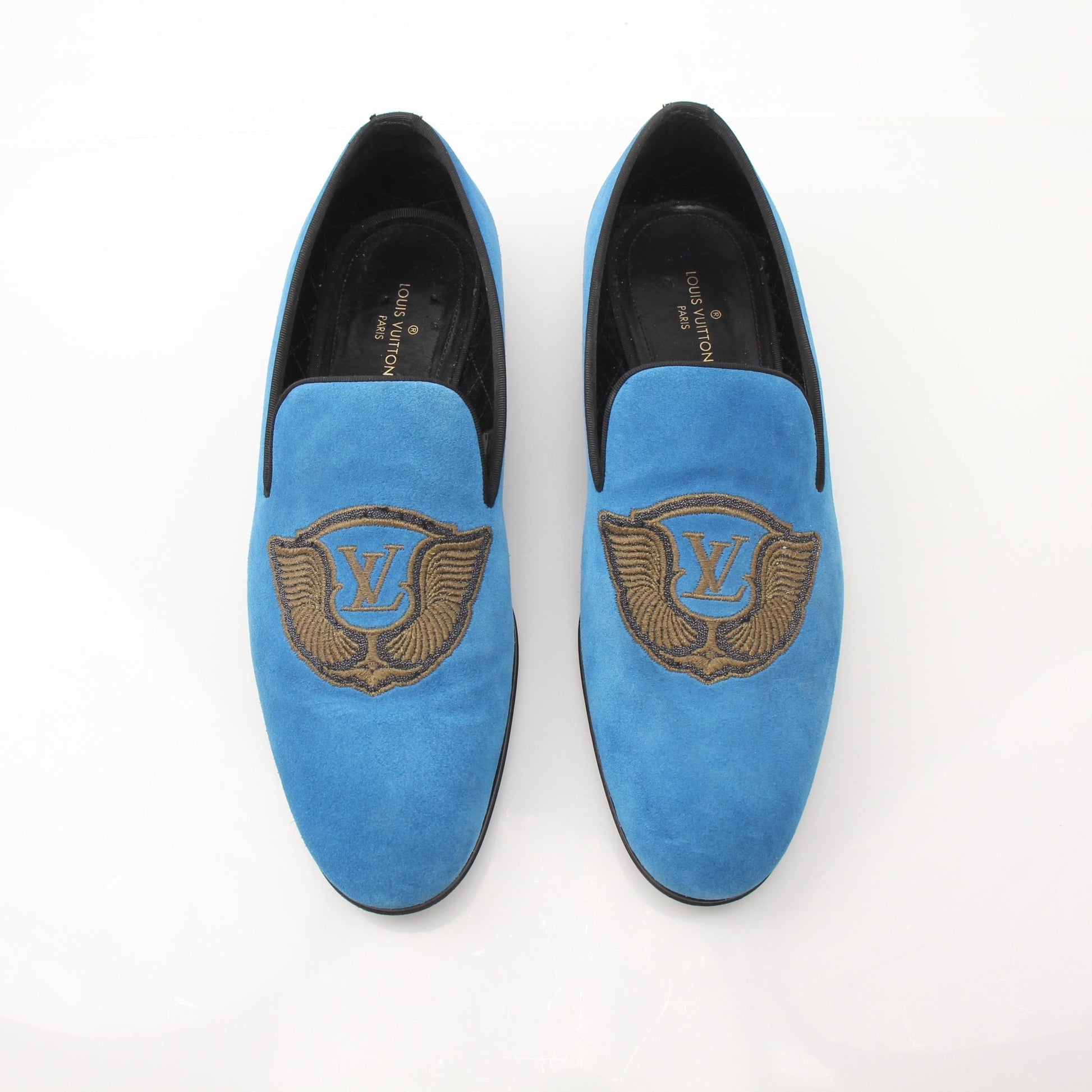 Gold & Beyond blue suede Louis Vuitton embroidered slip-on loafers for men, stylish and comfortable footwear.