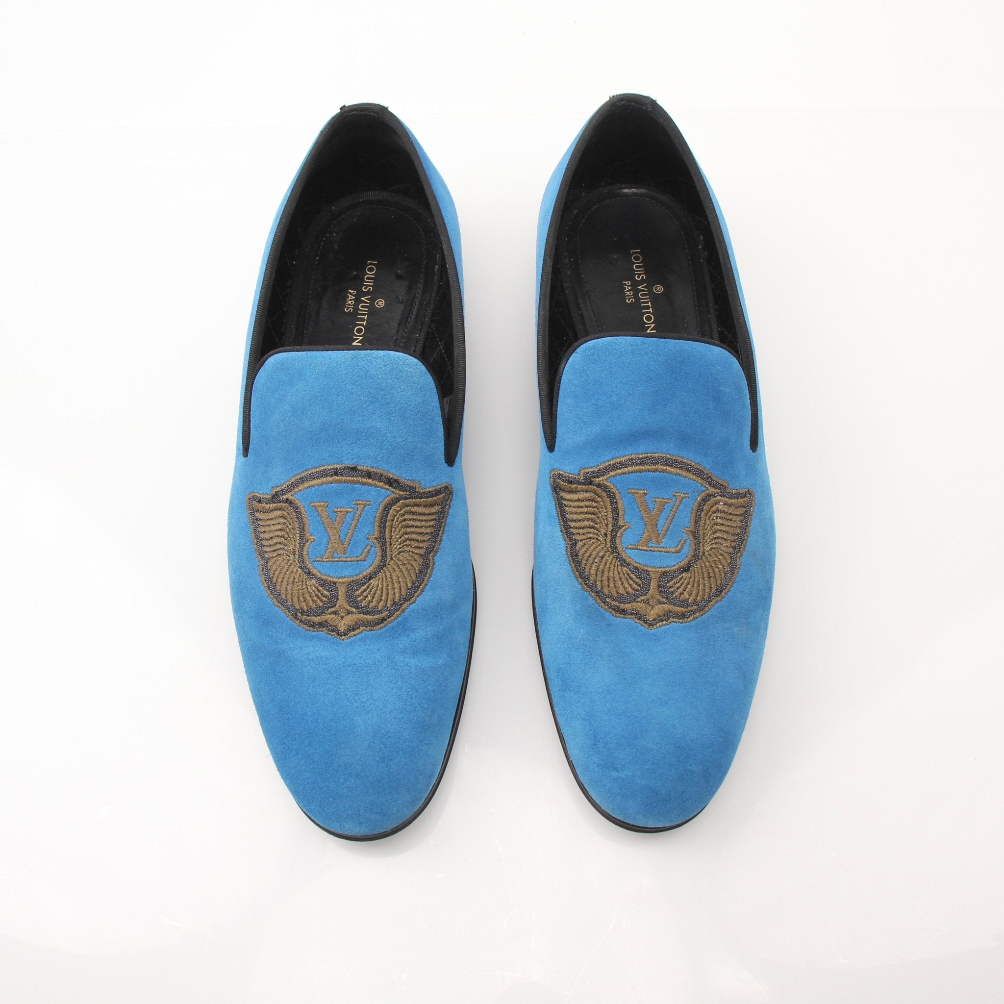 Gold & Beyond blue suede Louis Vuitton embroidered slip-on loafers for men, stylish and comfortable footwear.