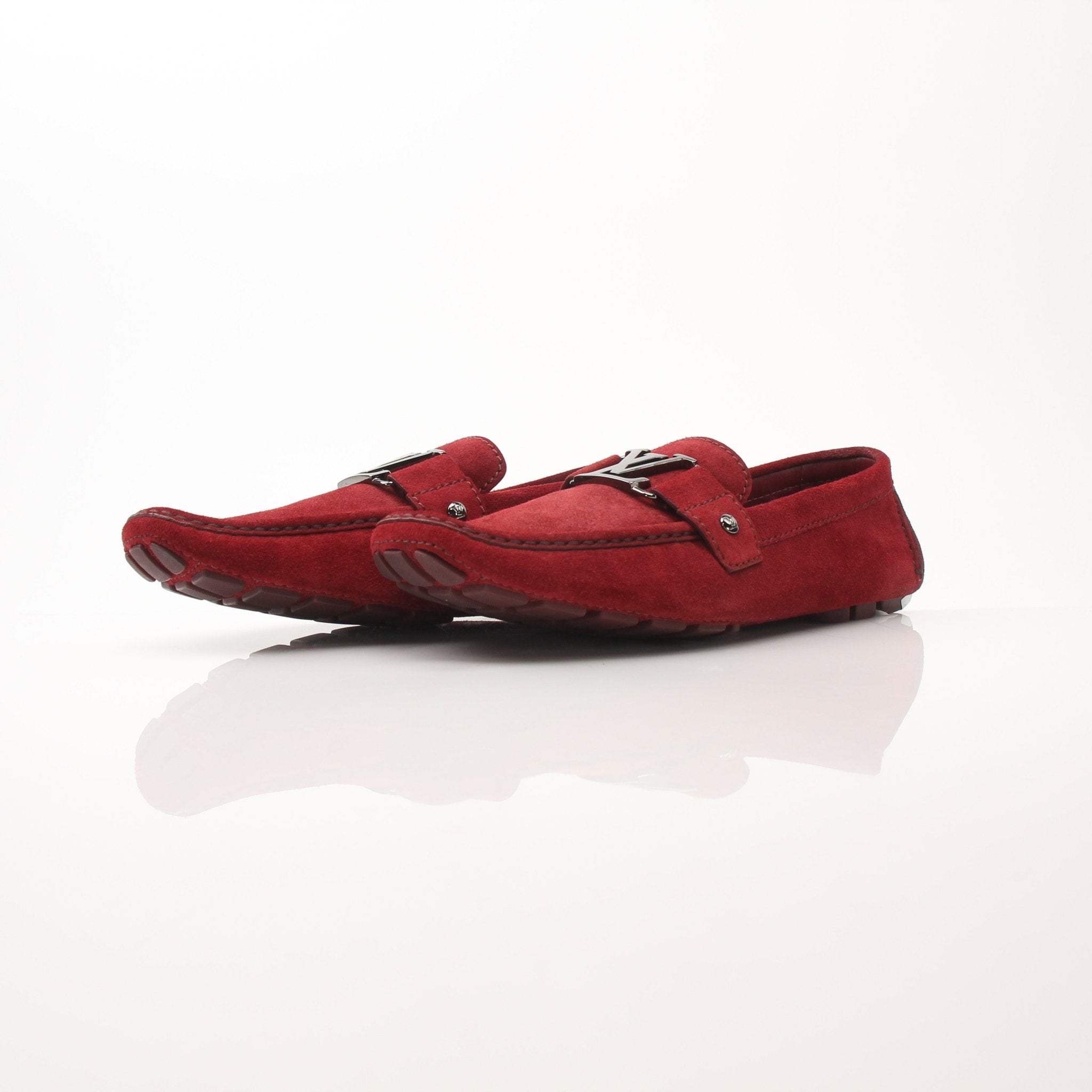 Gold & Beyond Louis Vuitton Monte Carlo red suede loafers, stylish shoes with classic design and soft suede material.