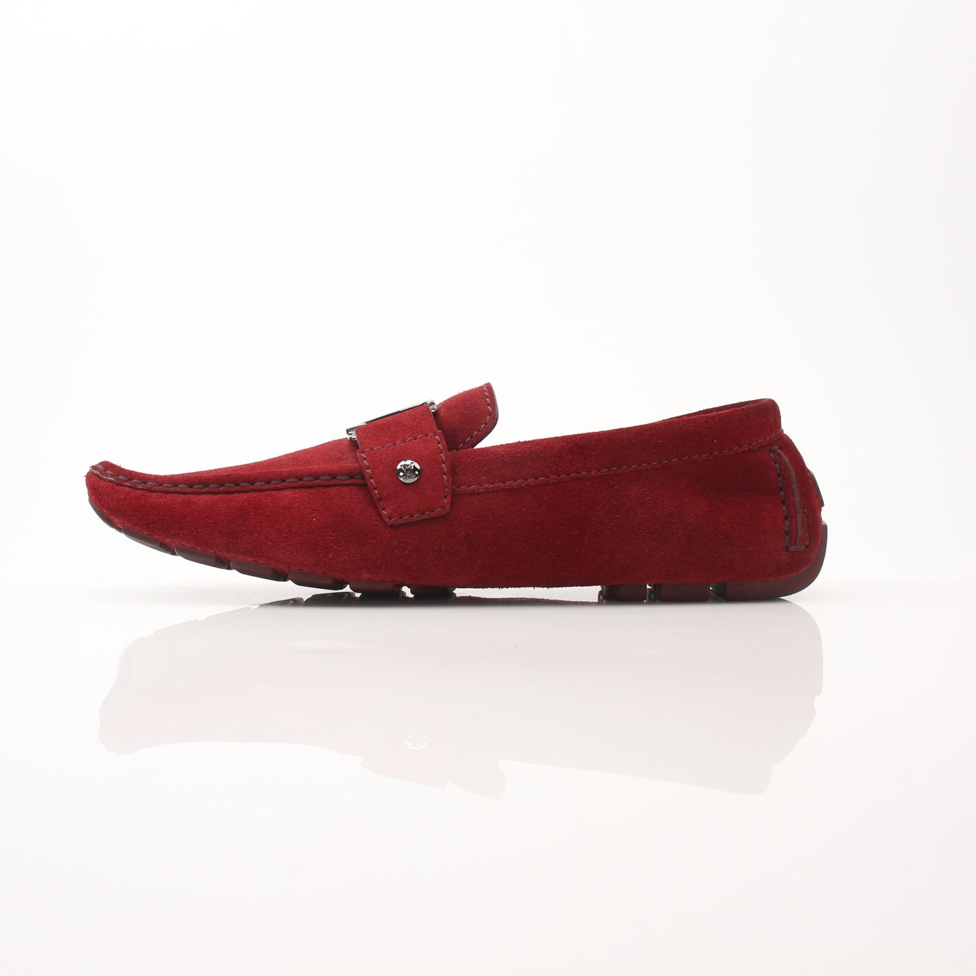 Louis Vuitton Monte Carlo red suede loafers by Gold & Beyond, featuring classic slip-on shoes with elegant stitching details.