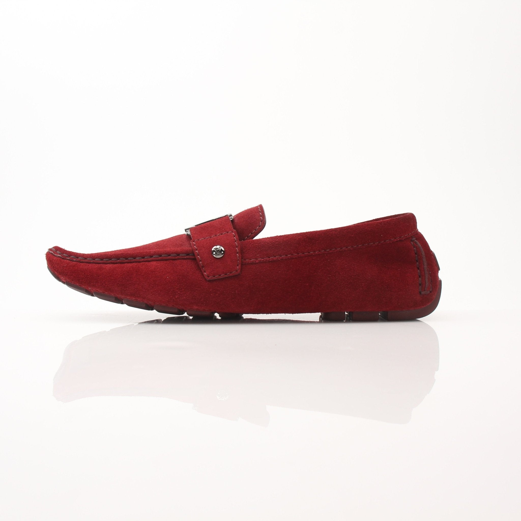 Louis Vuitton Monte Carlo red suede loafers by Gold & Beyond, featuring classic slip-on shoes with elegant stitching details.