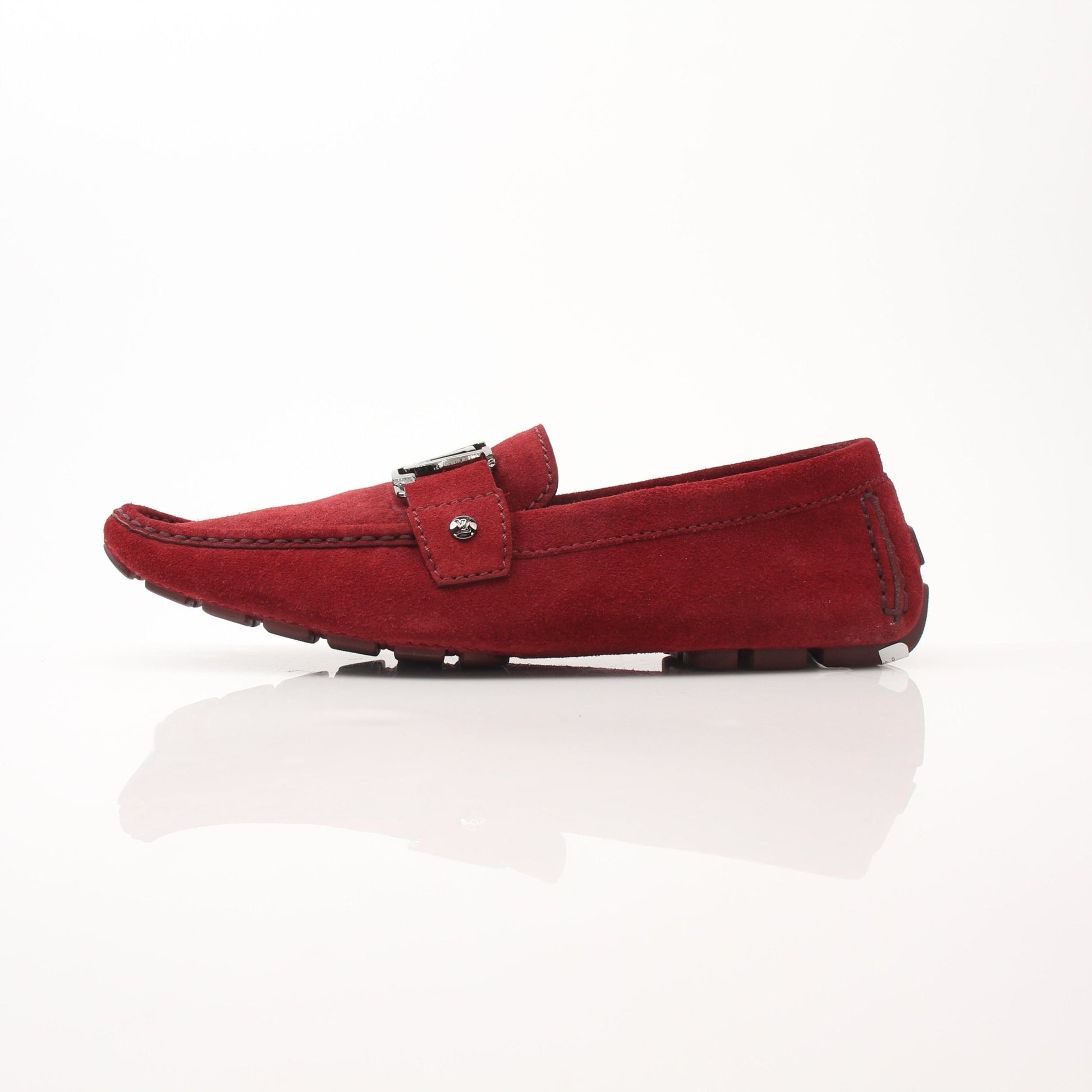 Gold & Beyond Louis Vuitton Monte Carlo red suede loafers, stylish men's shoes with a sleek design and luxurious suede finish.