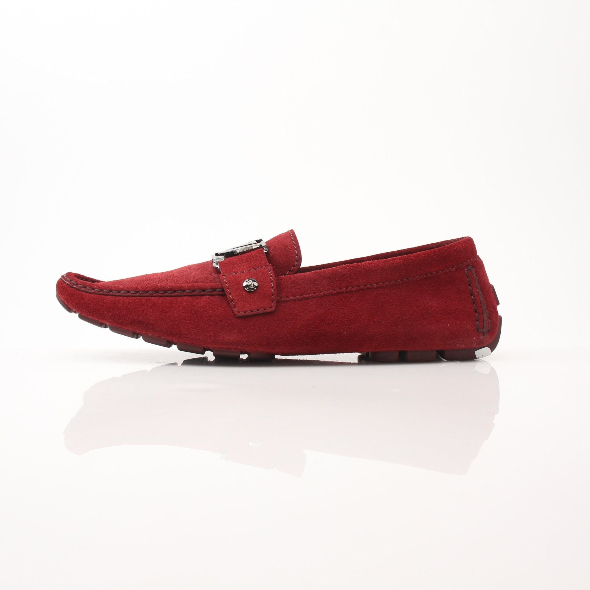 Gold & Beyond Louis Vuitton Monte Carlo red suede loafers, stylish men's shoes with a sleek design and luxurious suede finish.