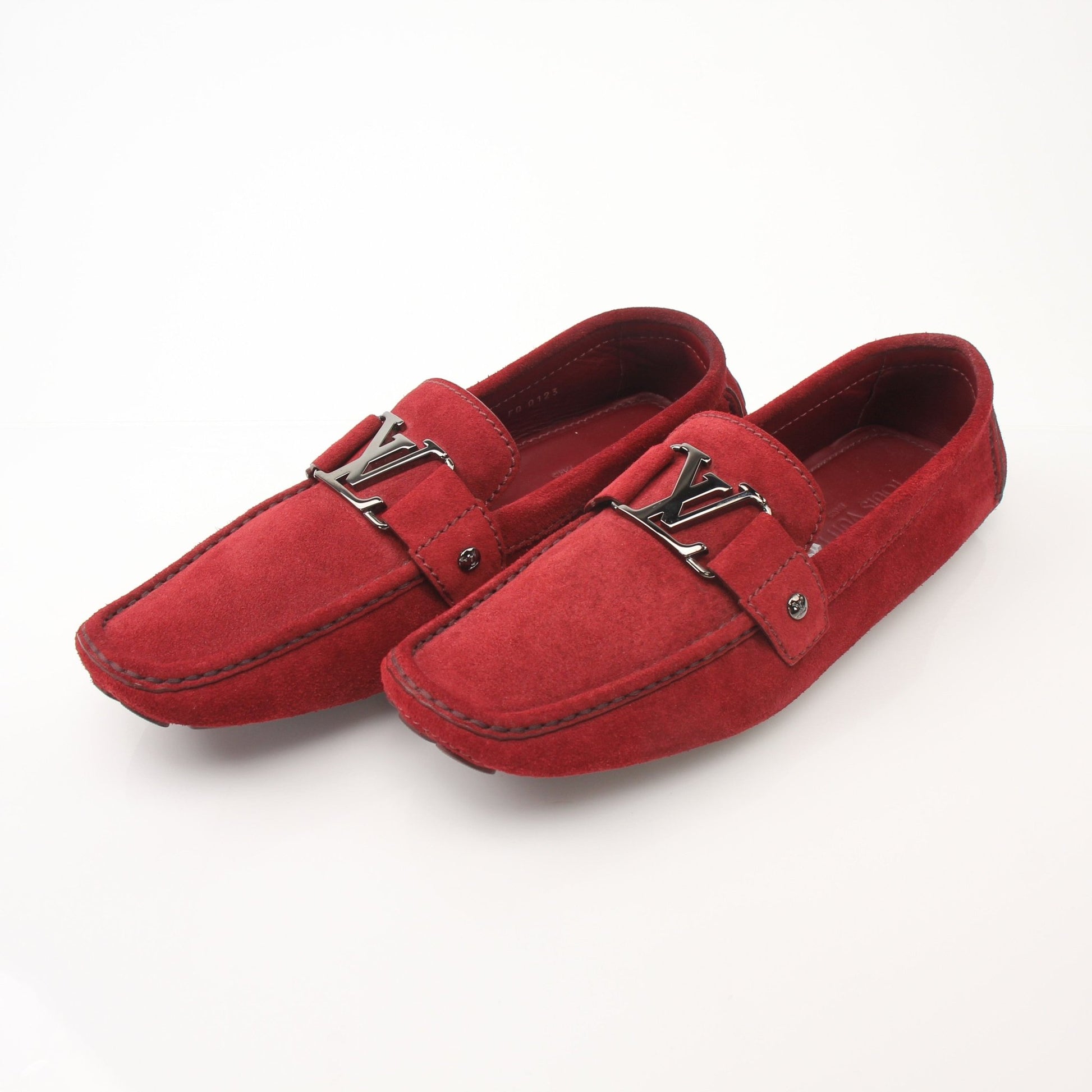 Gold & Beyond Louis Vuitton Monte Carlo red suede loafers, stylish shoes with classic design and luxurious material.