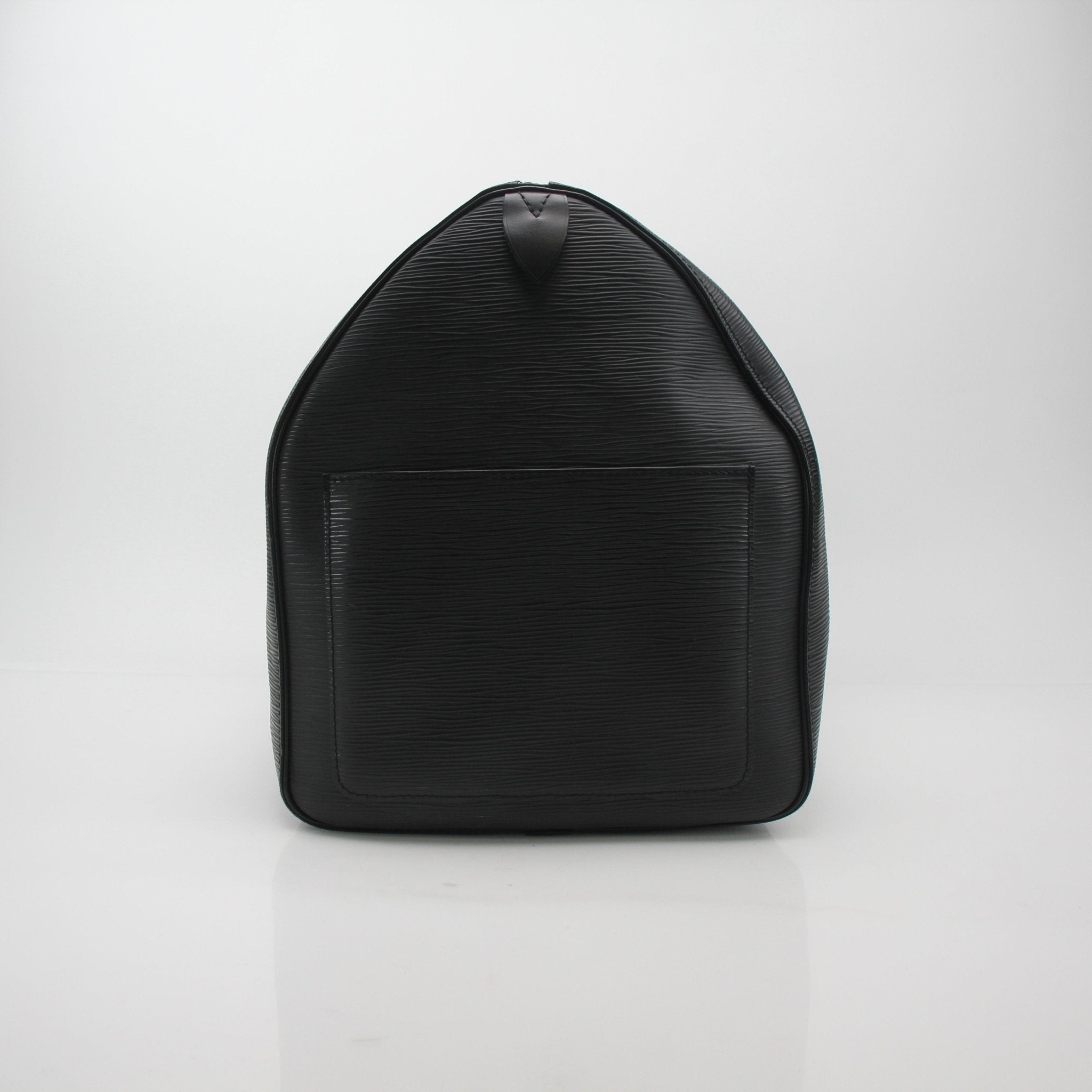 Louis Vuitton Keepall Bandoulière Epi leather travel bag in black with gold hardware, featuring handles and zipper closure.