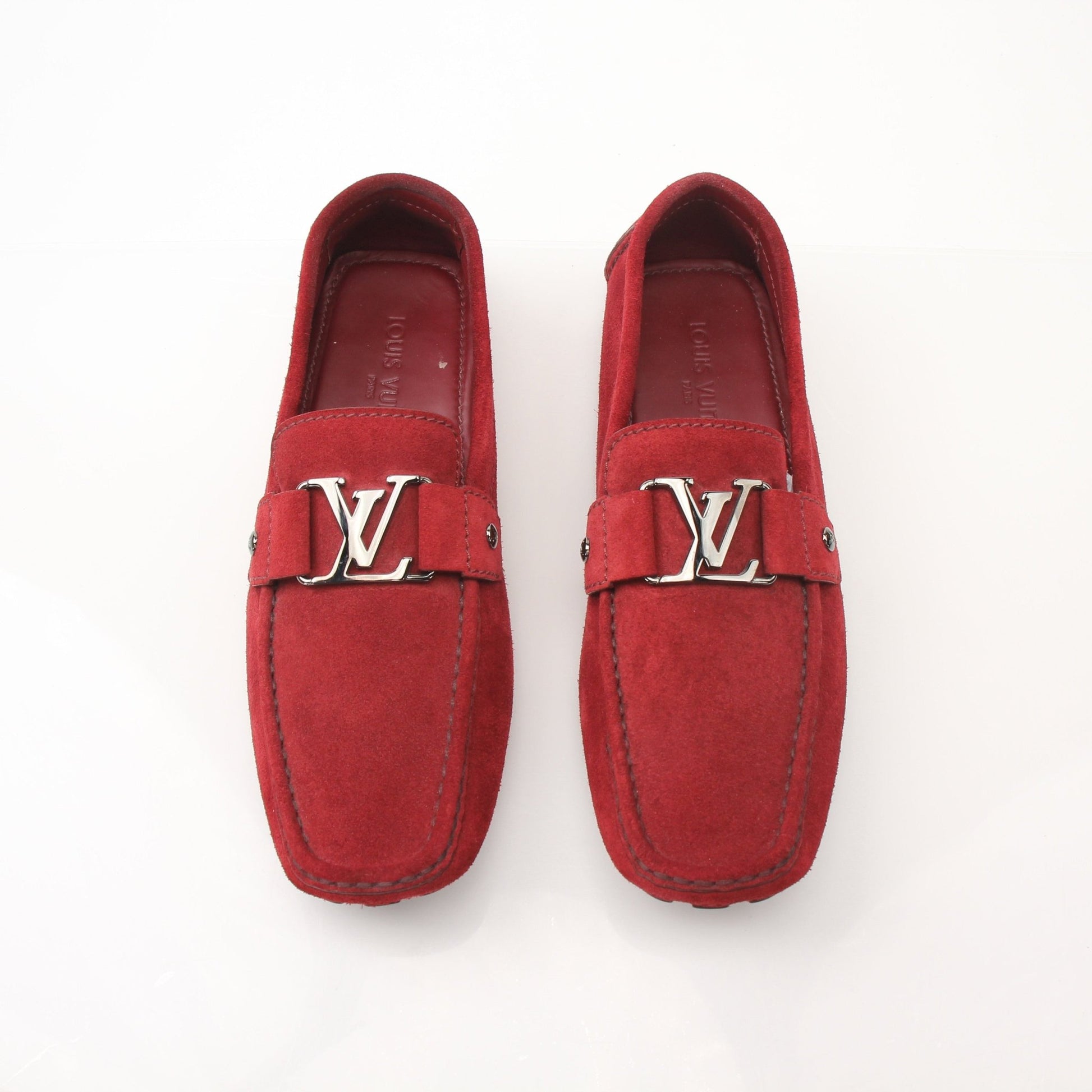 Louis Vuitton Monte Carlo red suede loafers by Gold & Beyond, showcasing classic slip-on shoes with sleek design and rich suede finish.