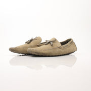 Louis Vuitton LV Driver Moccasins in beige suede, gold and beyond shoes, stylish loafers with classic design and comfortable fit.