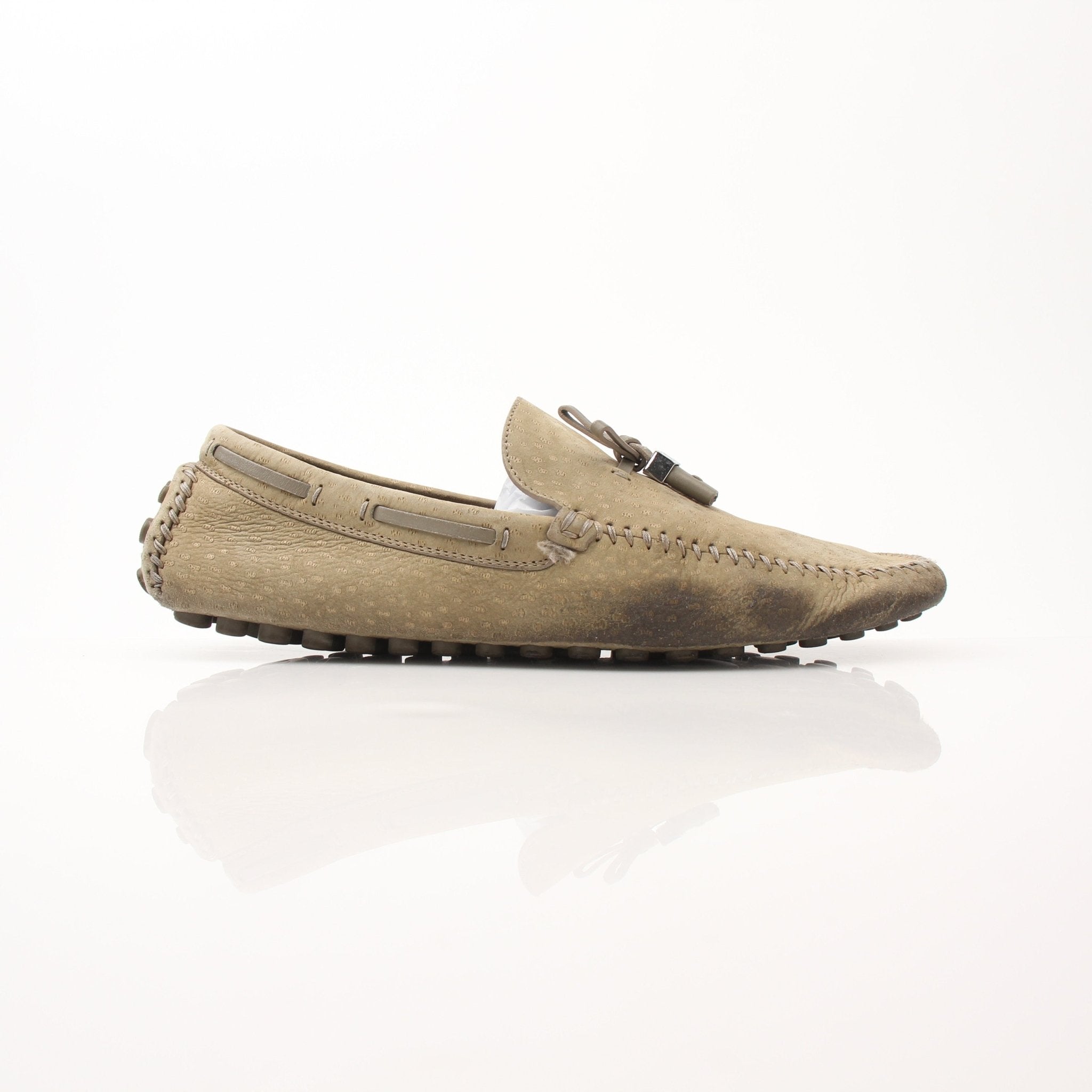 Louis Vuitton LV Driver Moccasins in beige suede, stylish loafers from Gold & Beyond, featuring classic slip-on shoe design.