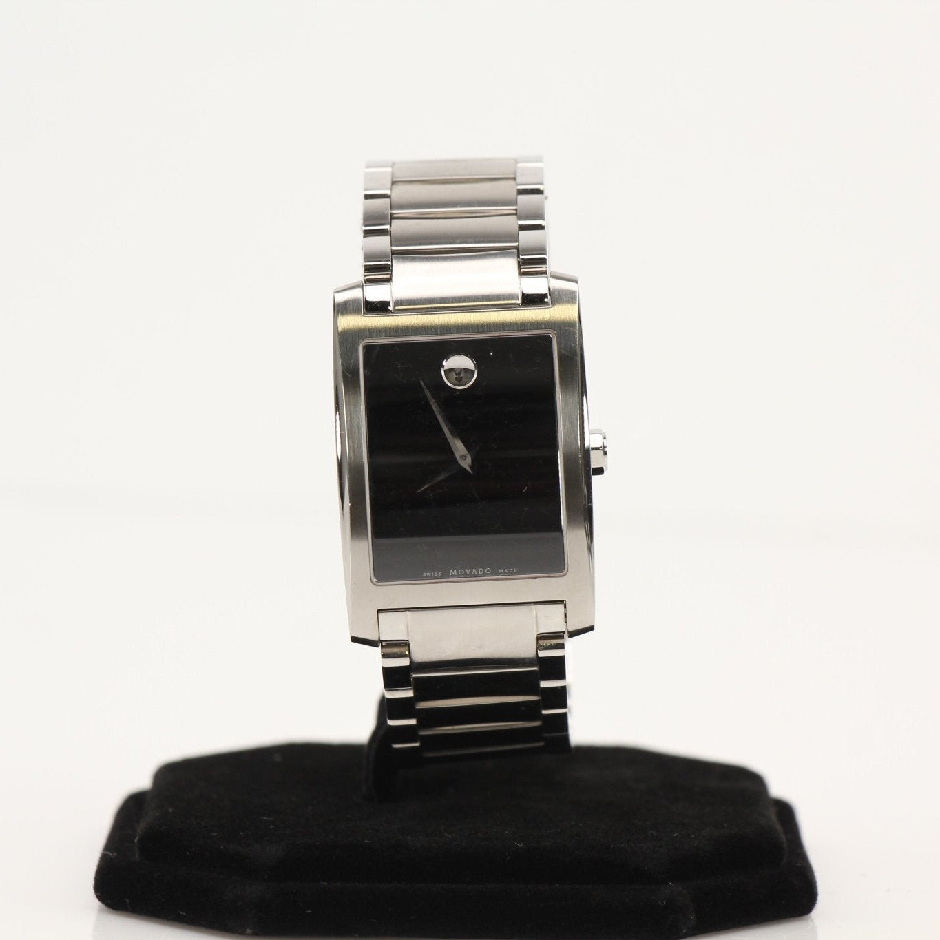 Movado Museum Classic watch with stainless steel case and black dial, showcasing minimalist design and iconic single dot at 12 o'clock.