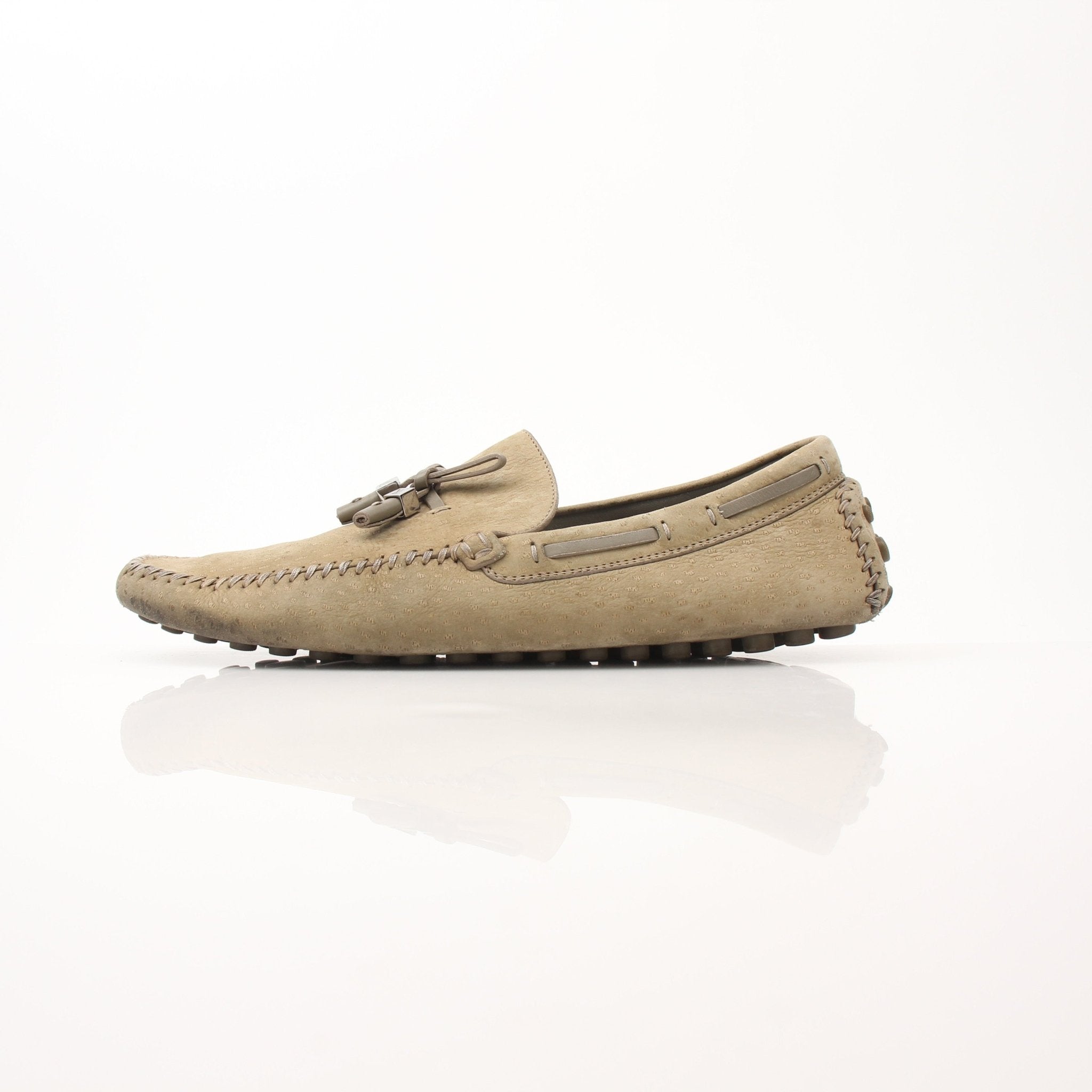 Louis Vuitton LV Driver Moccasins in beige suede, stylish loafers by Gold & Beyond, featuring classic slip-on design and refined craftsmanship.