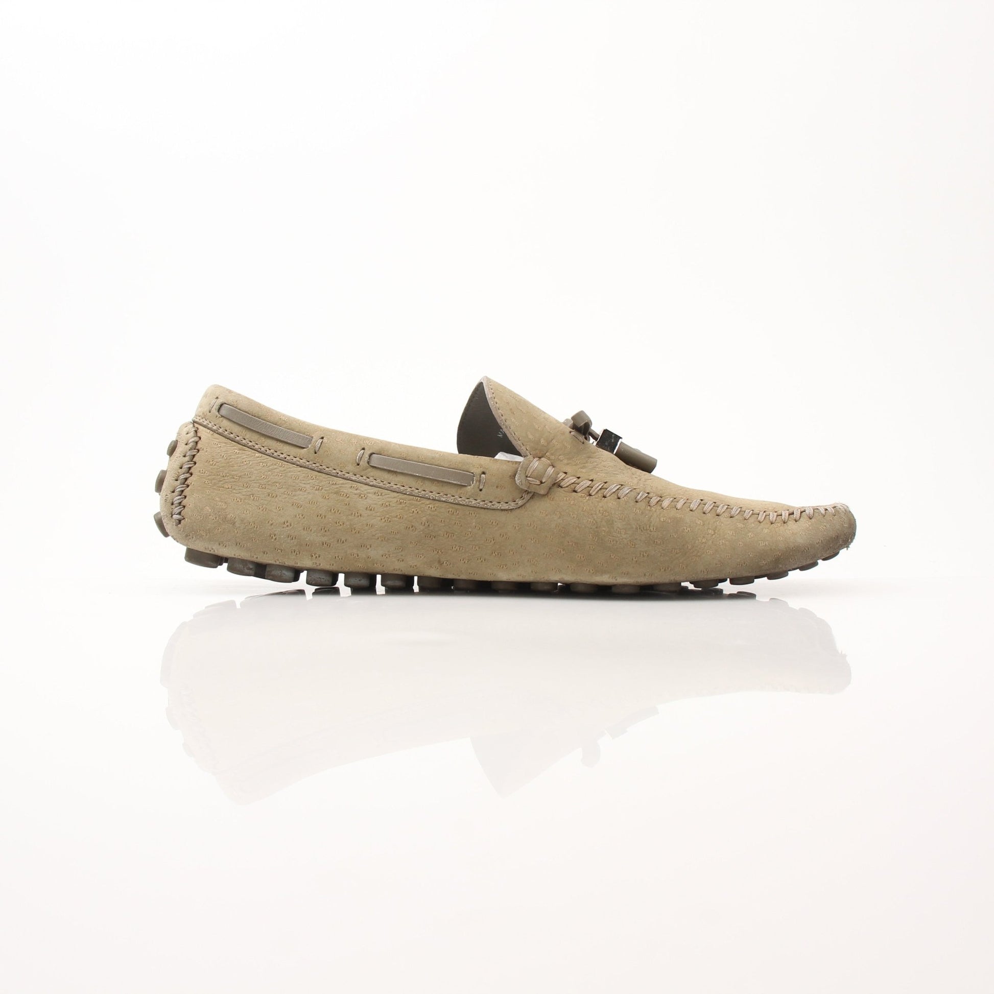 Beige suede Louis Vuitton LV Driver Moccasins shoes with classic loafer design, shown on a clean background.