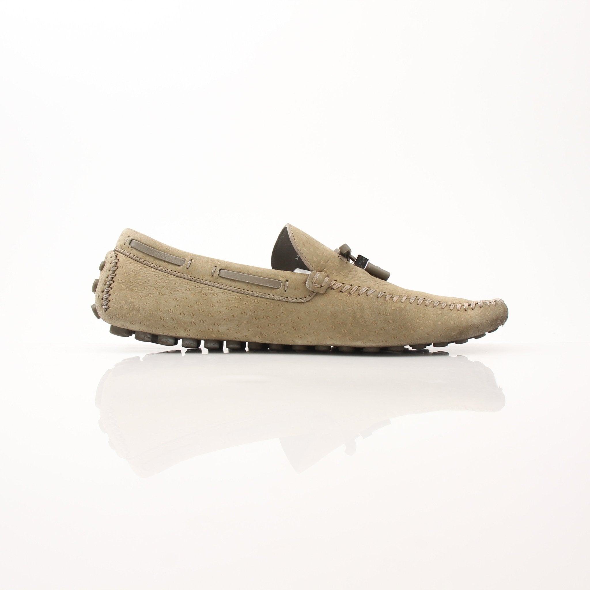Beige suede Louis Vuitton LV Driver Moccasins shoes with classic loafer design, shown on a clean background.