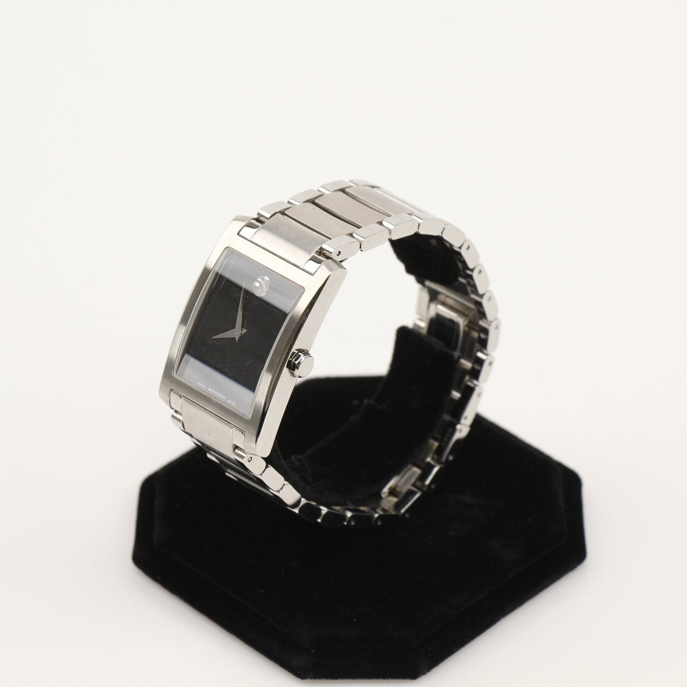 Gold & Beyond Movado Museum Classic watch with stainless steel case and minimalist black dial, showcasing elegant Swiss watch design.