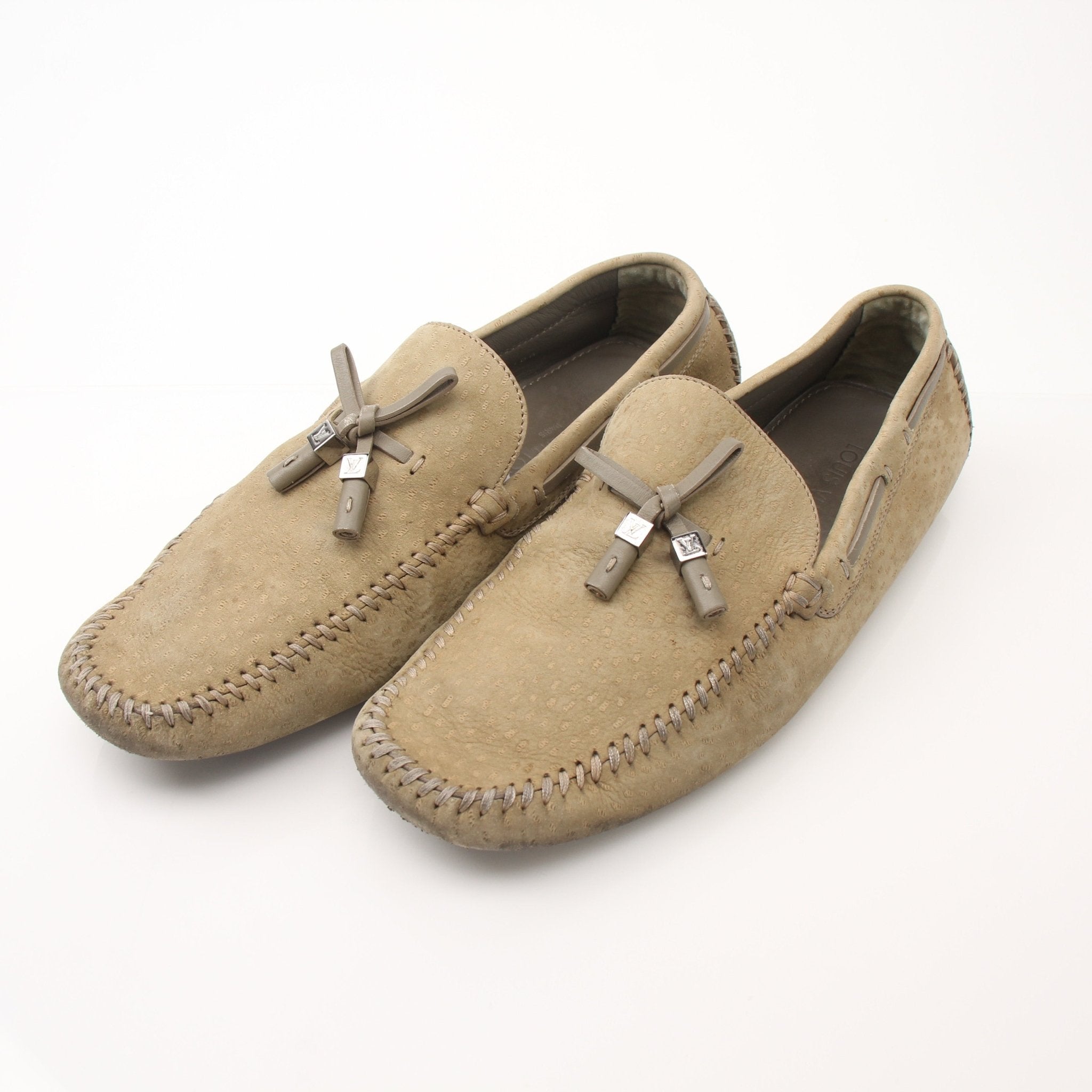 Beige suede Louis Vuitton LV Driver Moccasins loafers for men, featuring classic slip-on shoe design from Gold & Beyond.