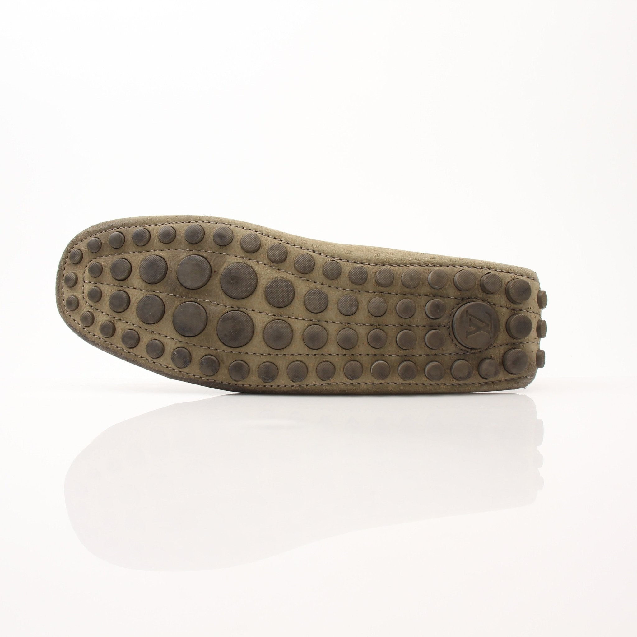 Louis Vuitton LV Driver Moccasins in beige suede, stylish loafers with classic design and comfortable slip-on style.