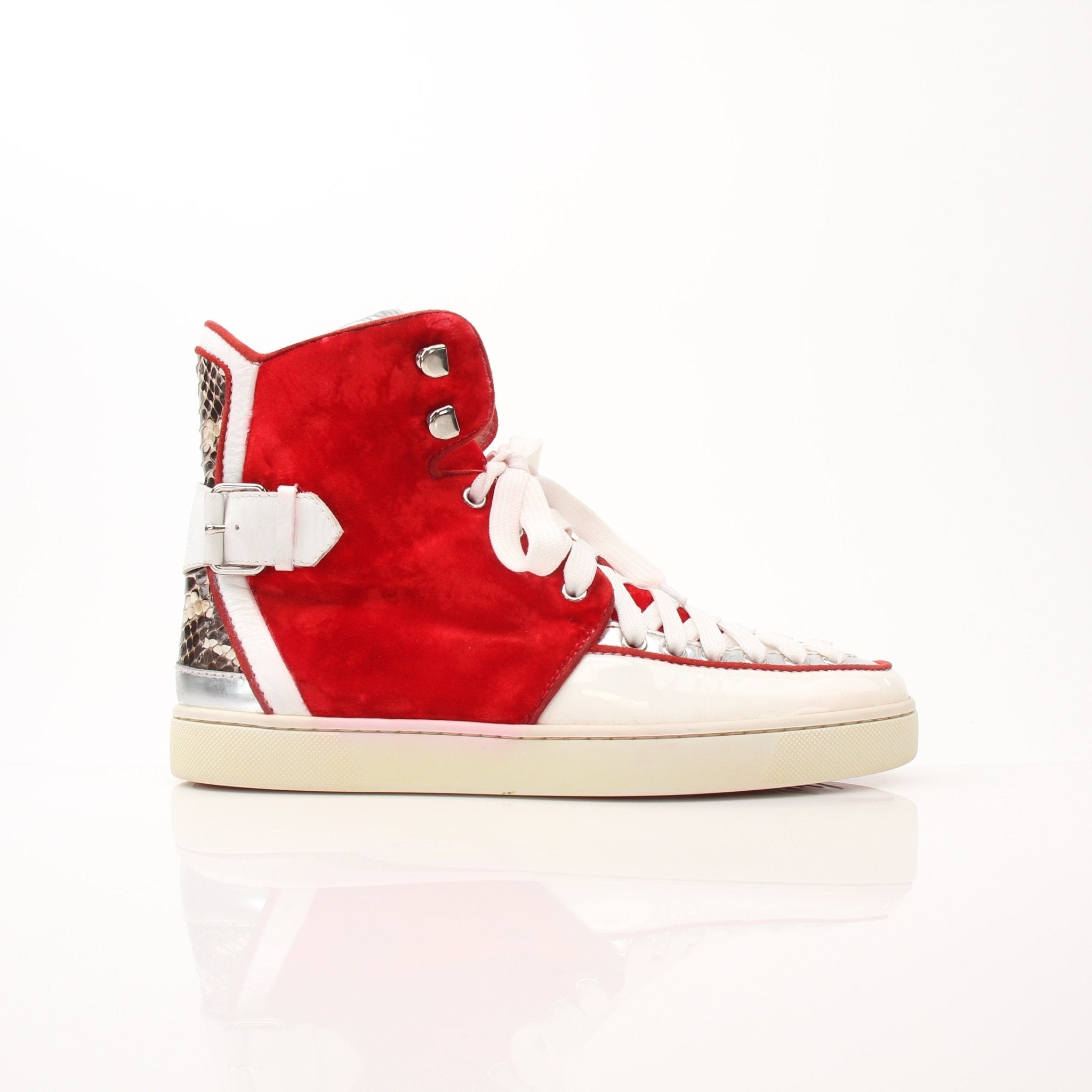 Christian Louboutin men's Python Alfie high top sneakers with red velvet and stylish design, displayed in a close-up shot.