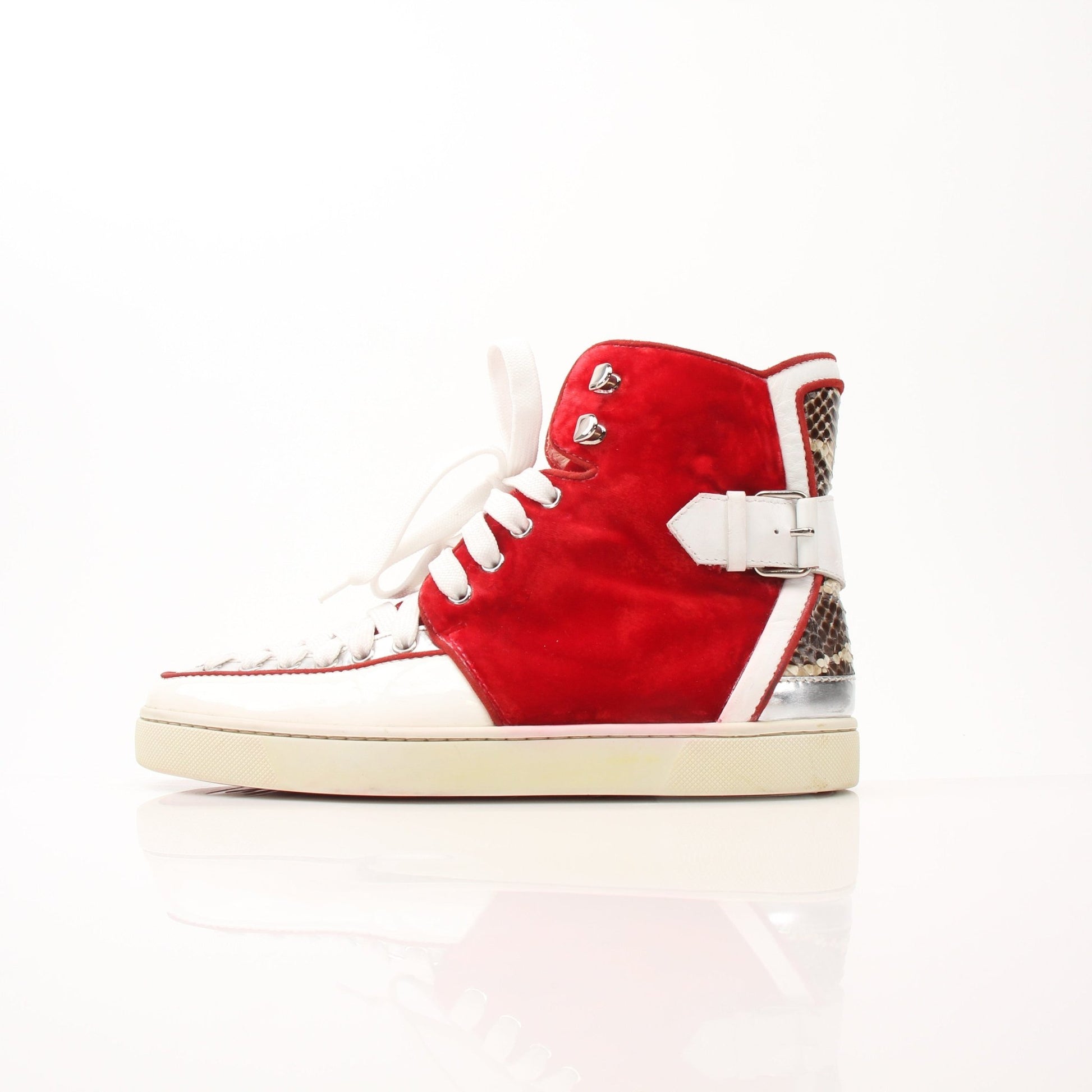 Christian Louboutin men's Python Alfie high-top sneakers with red velvet and gold accents, showcasing luxury shoe design.