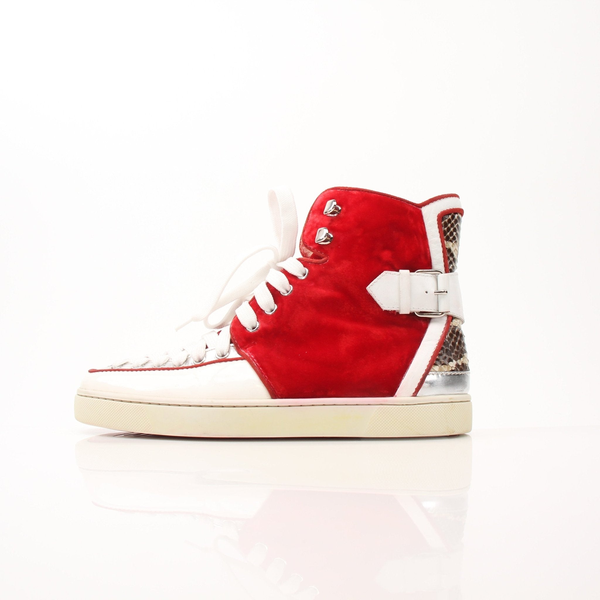 Christian Louboutin men's Python Alfie high-top sneakers with red velvet and gold accents, showcasing luxury shoe design.