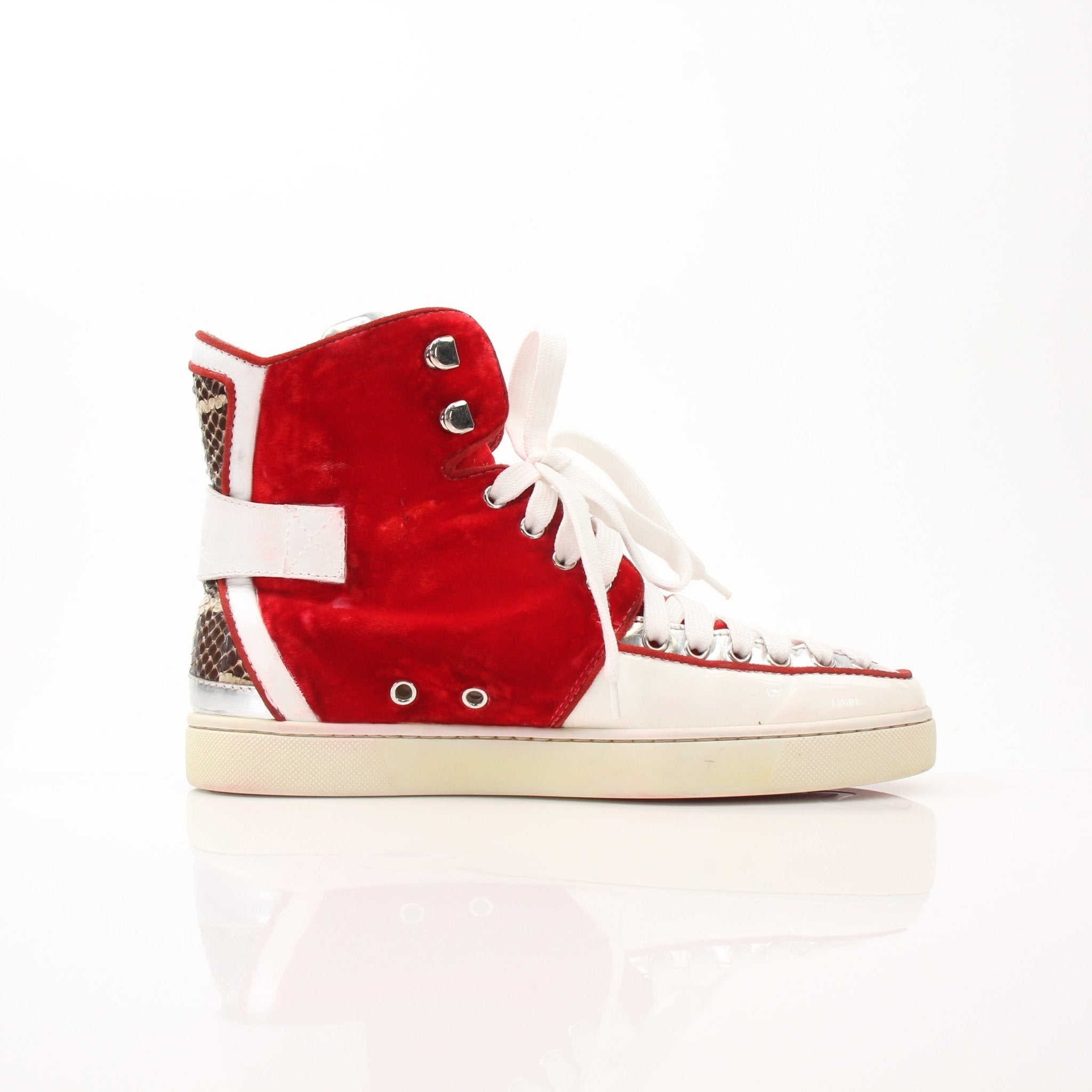 Christian Louboutin men's Python Alfie red velvet high top sneakers featuring luxurious python skin and stylish design.