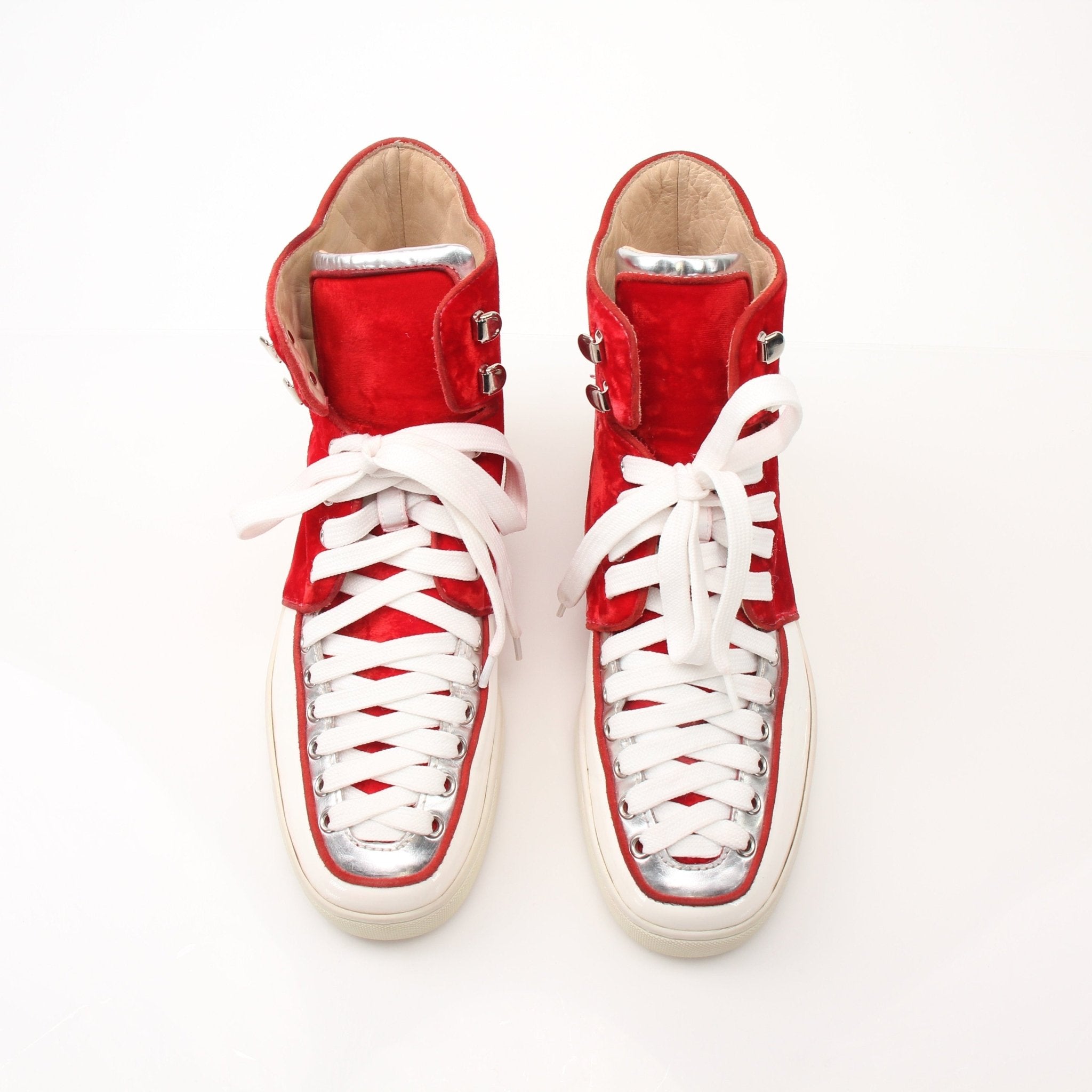 Christian Louboutin men's Python Alfie red velvet high top sneakers with stylish design and signature details.
