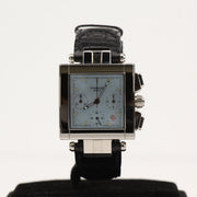 Gold & Beyond Roberge Genève Pégase chronograph watch with silver dial, black leather strap, and stainless steel case.